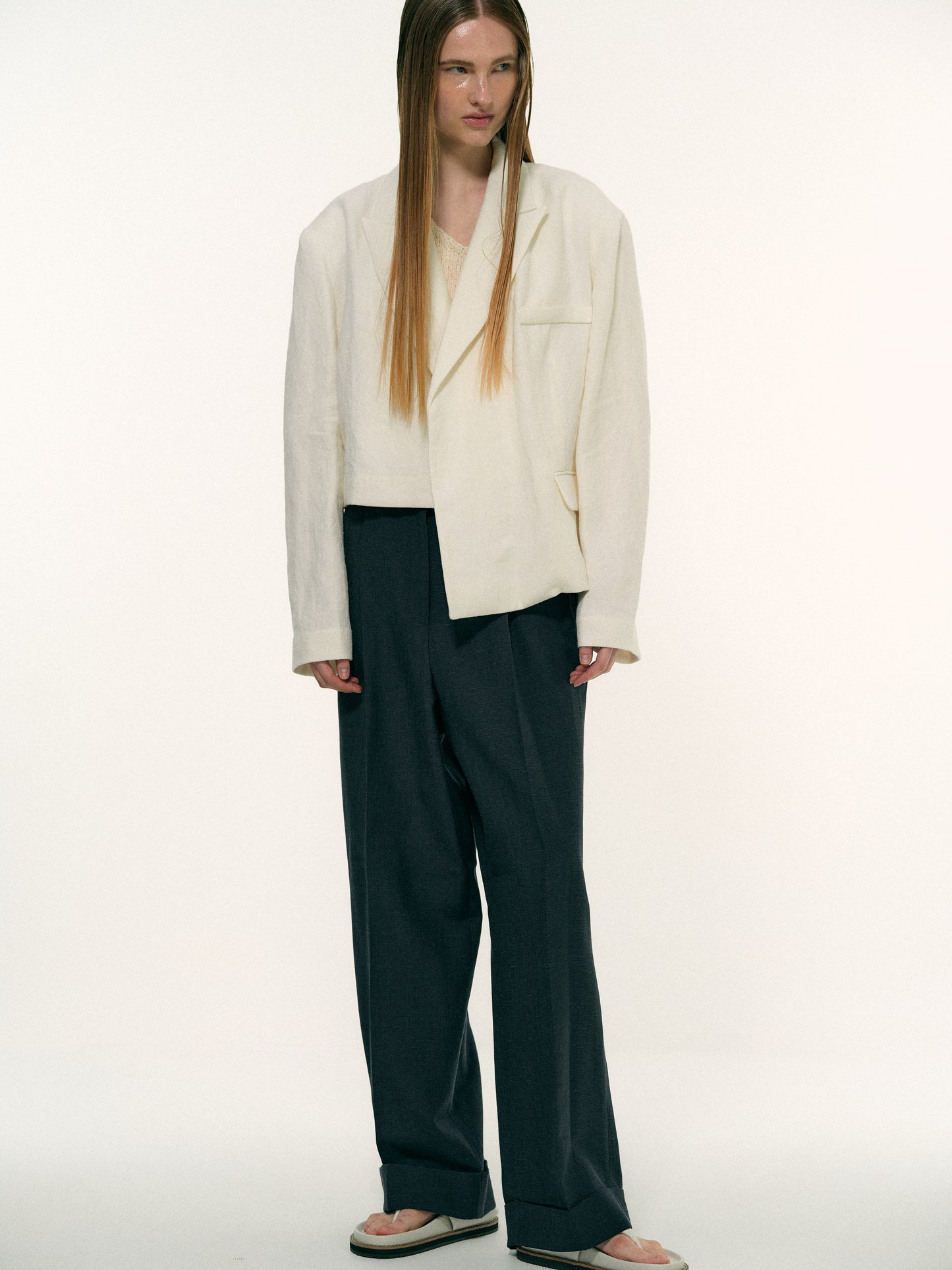 Linen Asymmetric Blazer, Milk