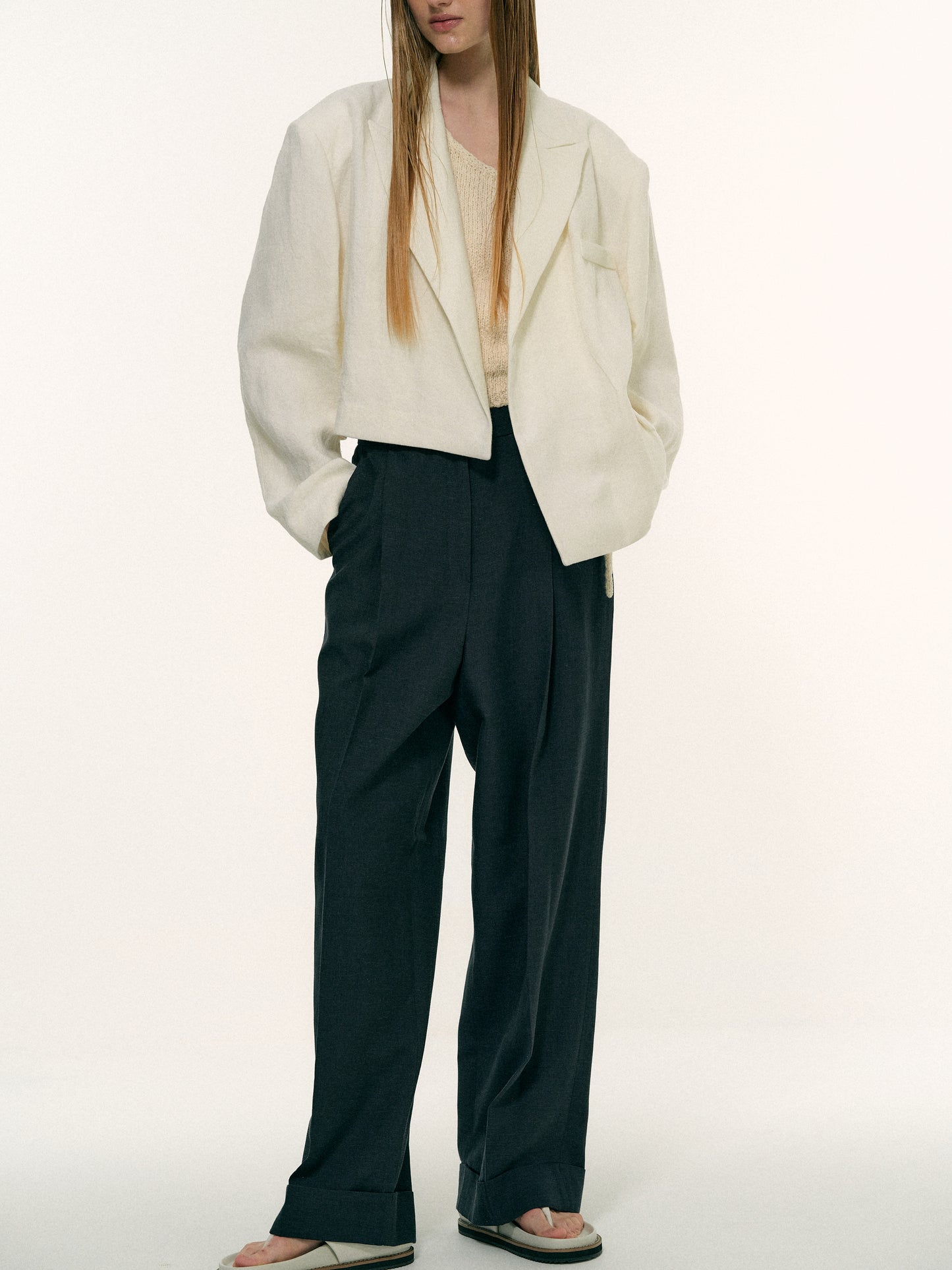 Linen Asymmetric Blazer, Milk