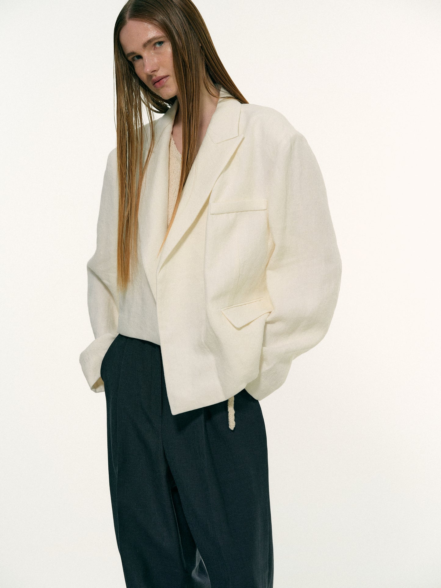Linen Asymmetric Blazer, Milk