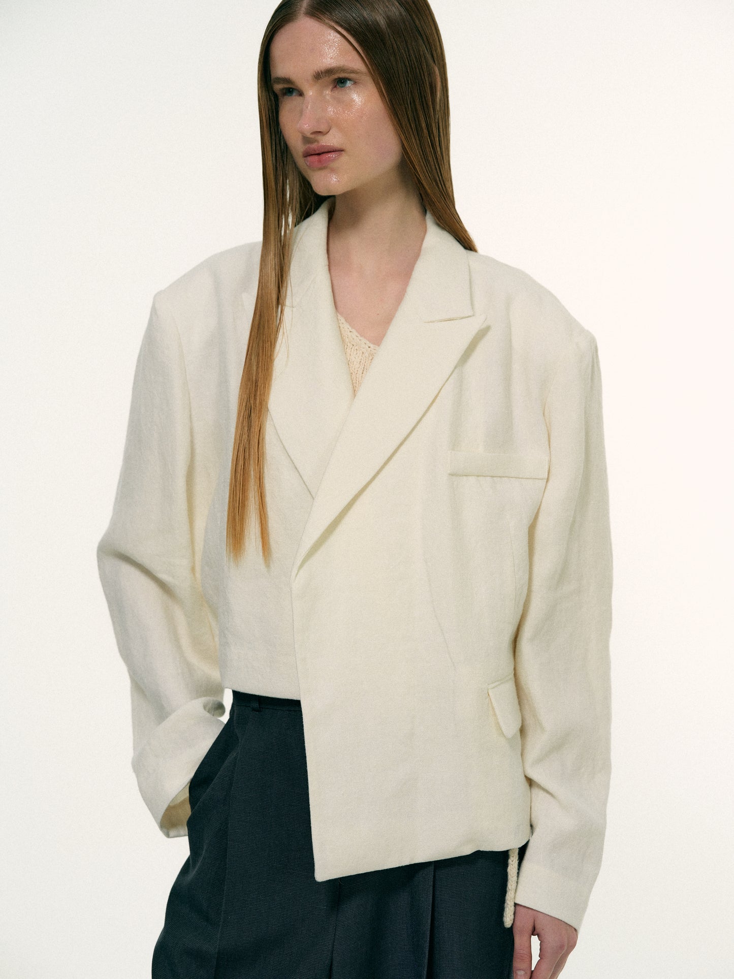 Linen Asymmetric Blazer, Milk
