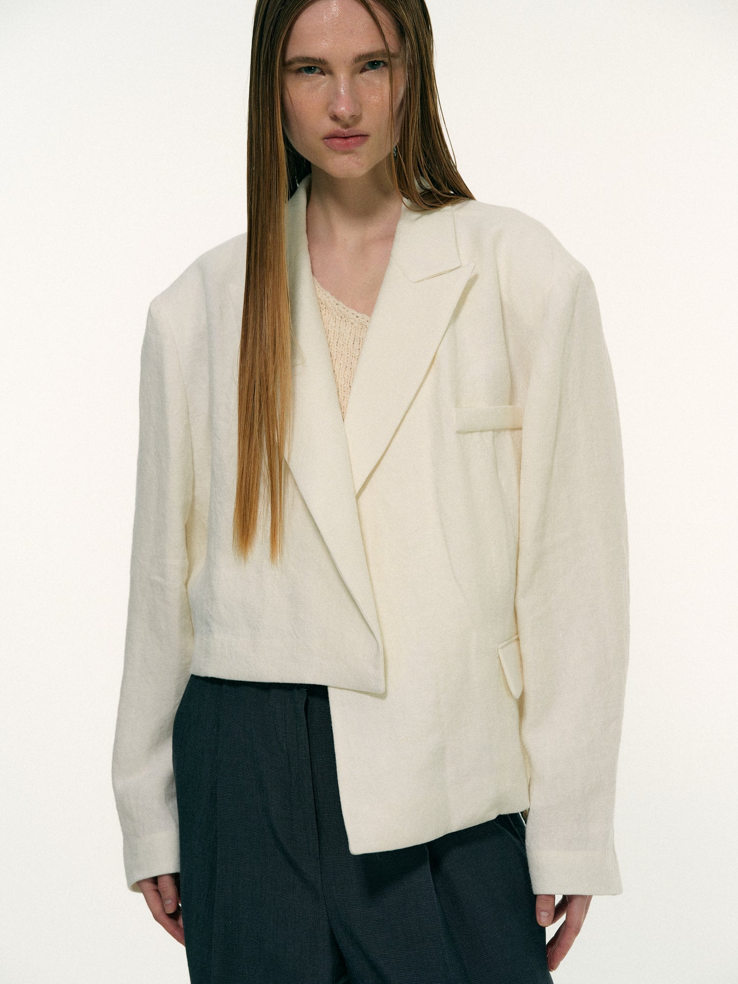 Linen Asymmetric Blazer, Milk