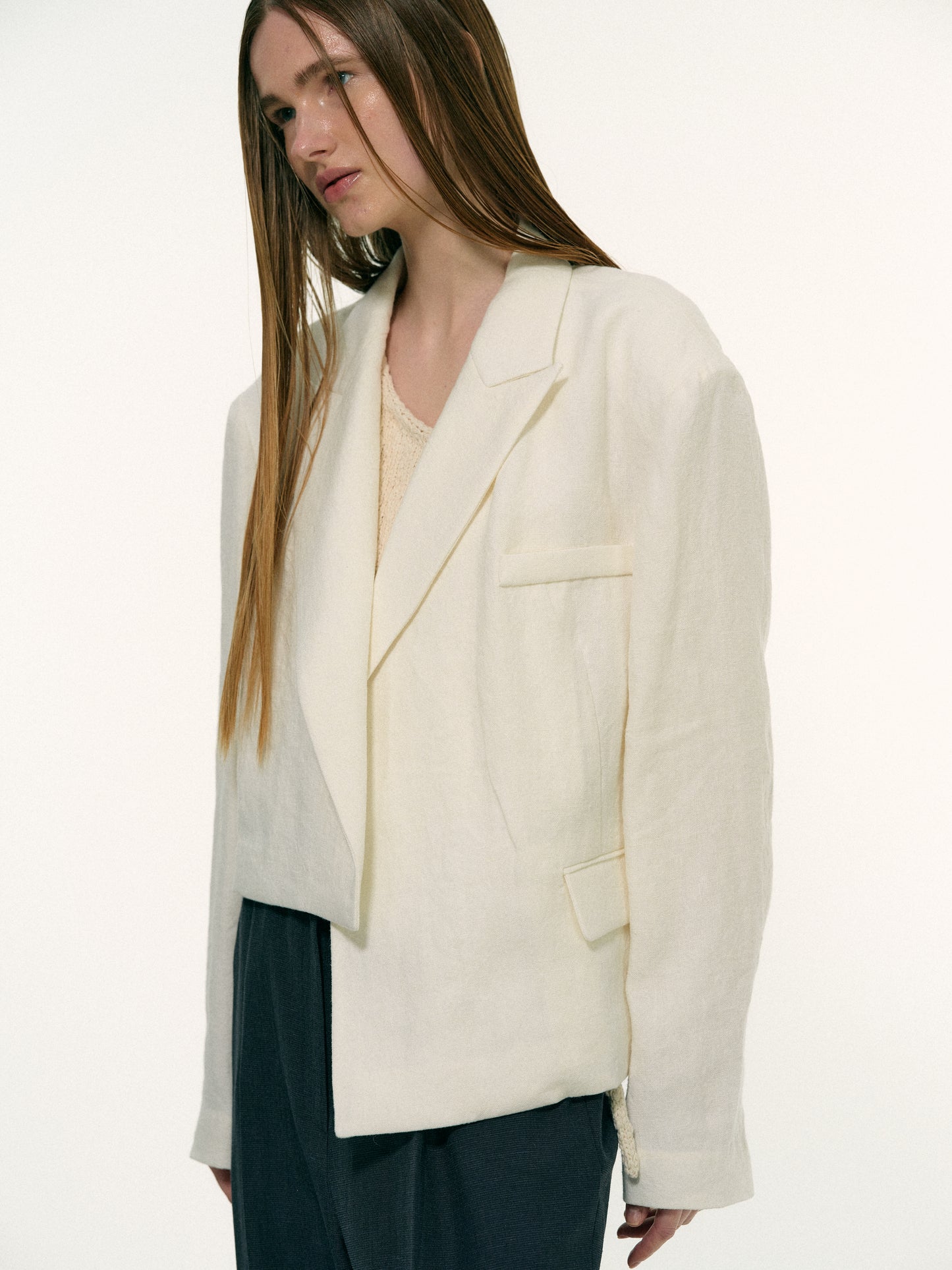 Linen Asymmetric Blazer, Milk