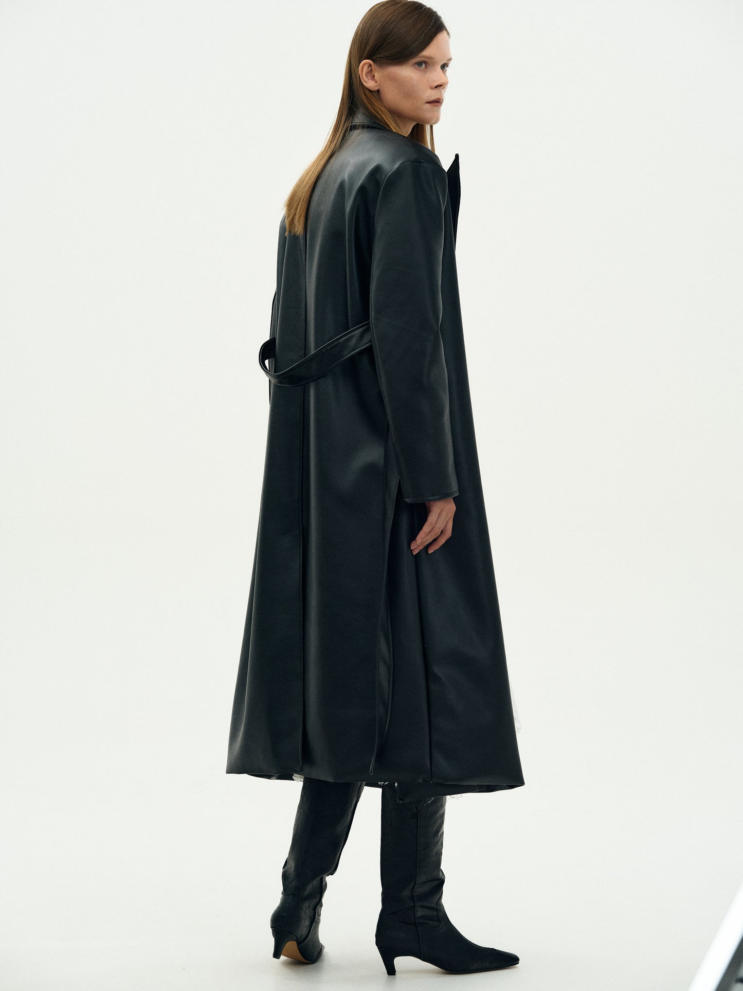 Oversized Faux Leather Trench Coat, Black