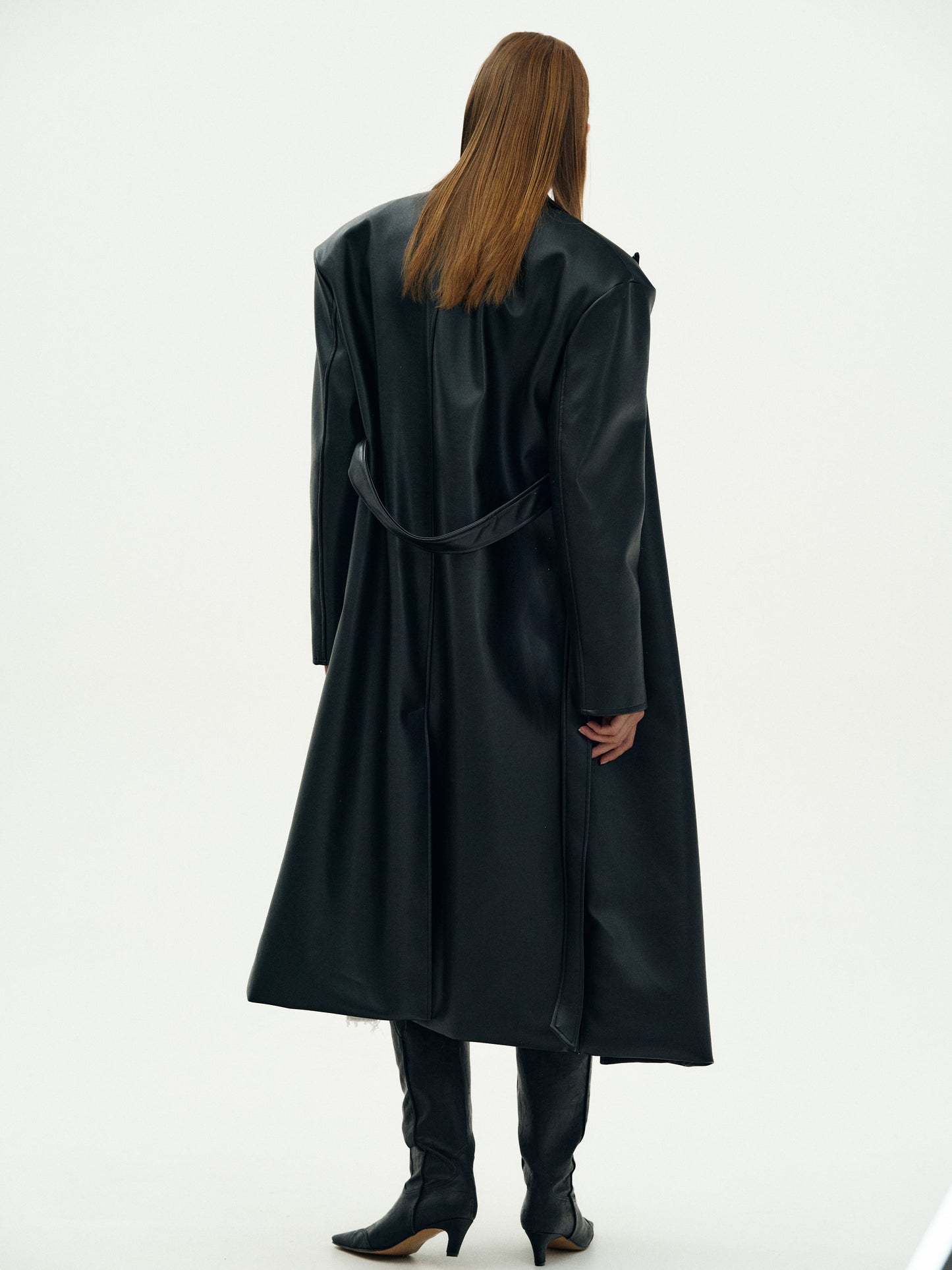 Oversized Faux Leather Trench Coat, Black