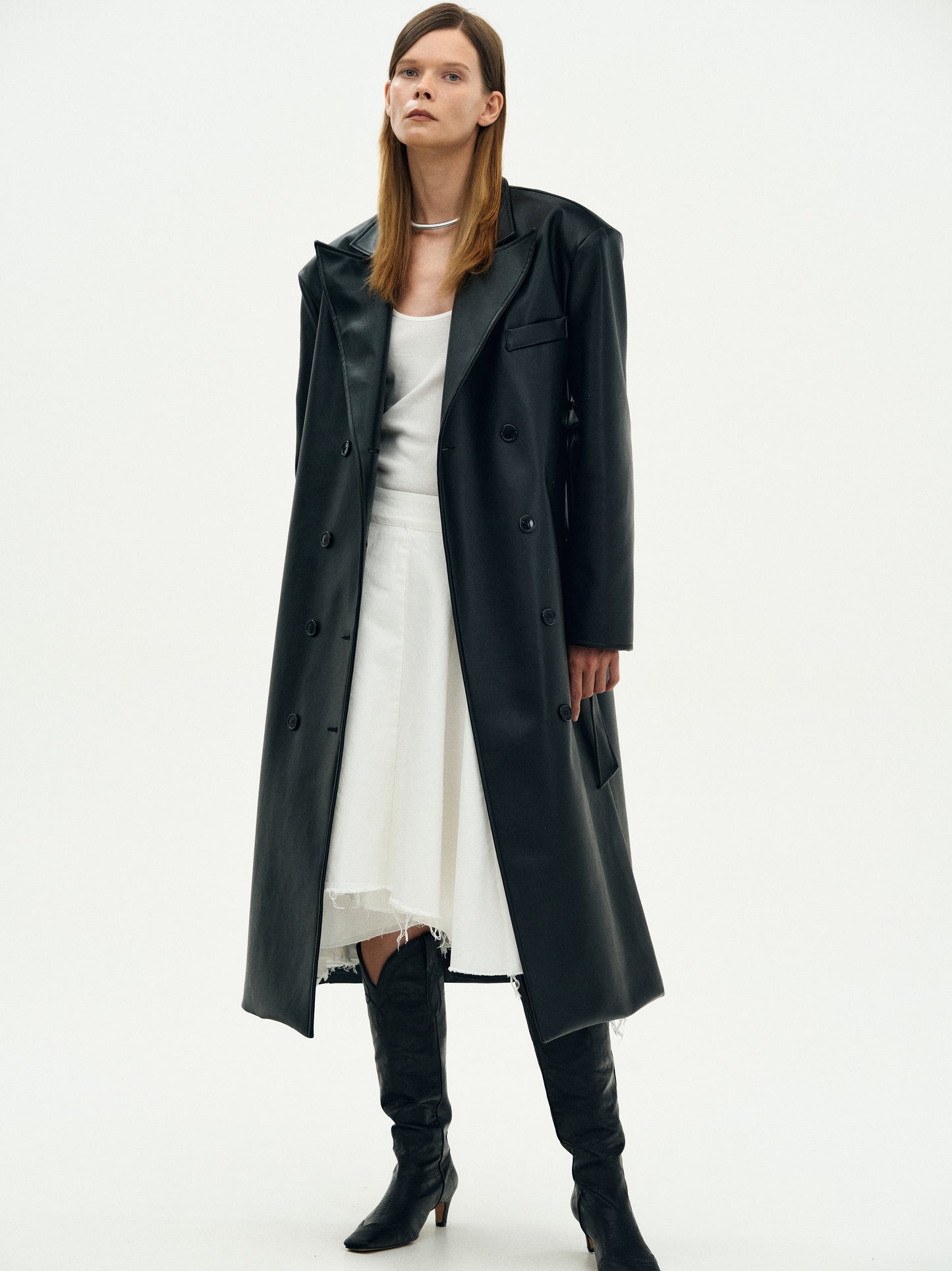 Oversized Faux Leather Trench Coat, Black