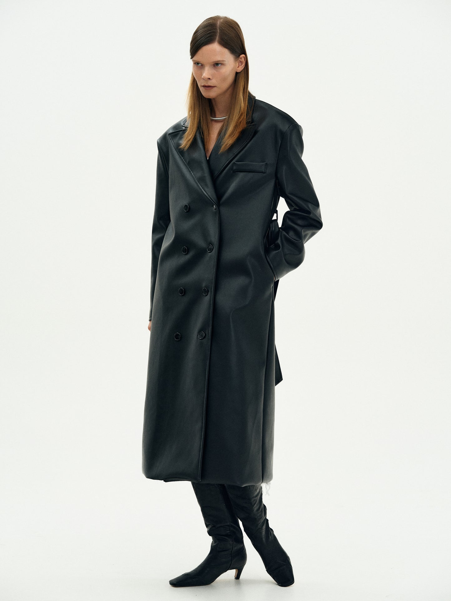 Oversized Faux Leather Trench Coat, Black