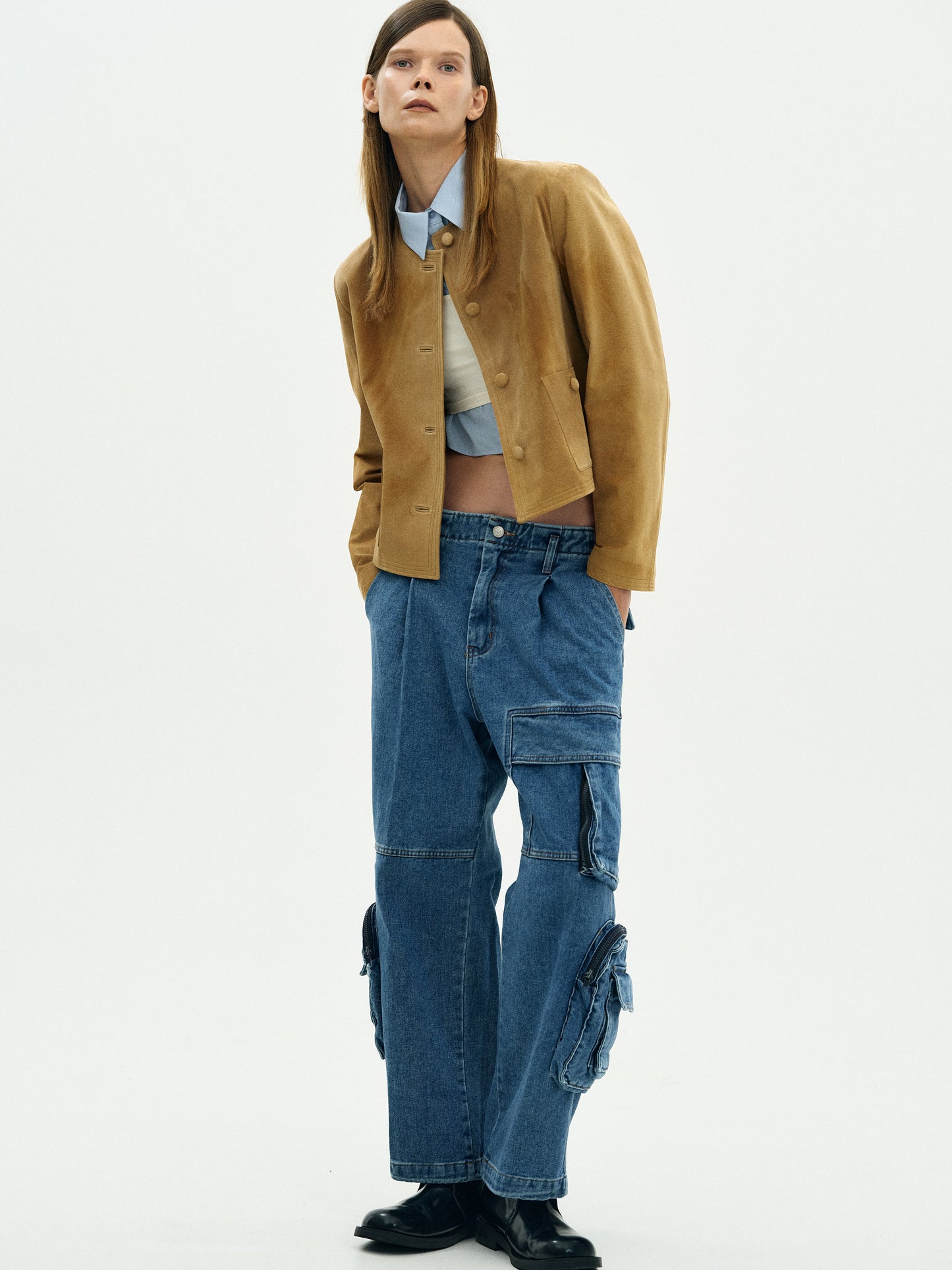 Utility Cargo Denim Pants, Medium Wash