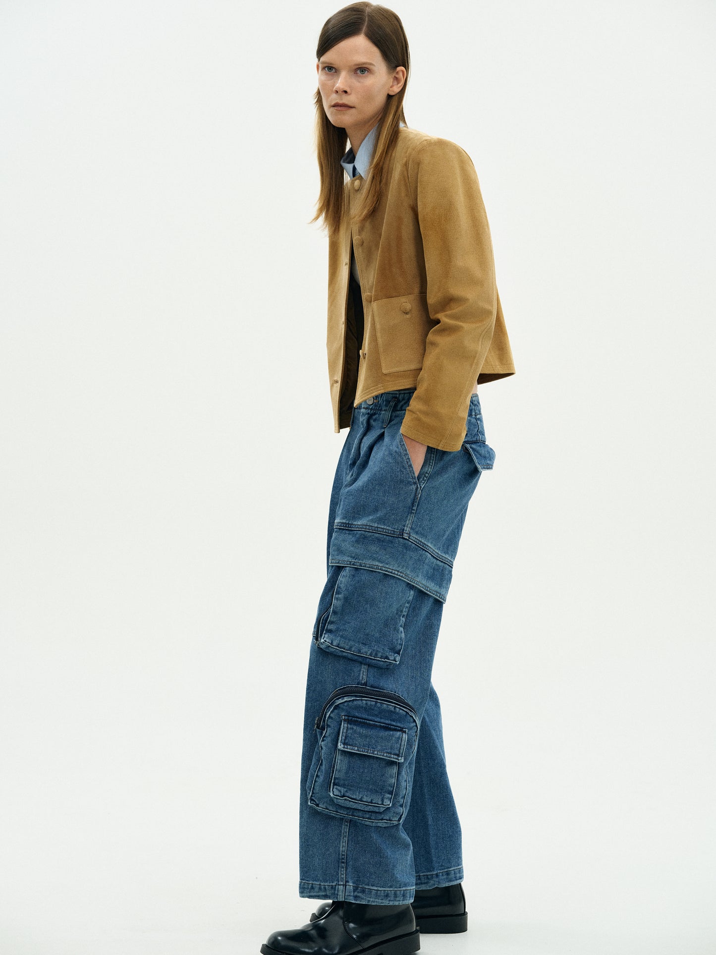 Utility Cargo Denim Pants, Medium Wash