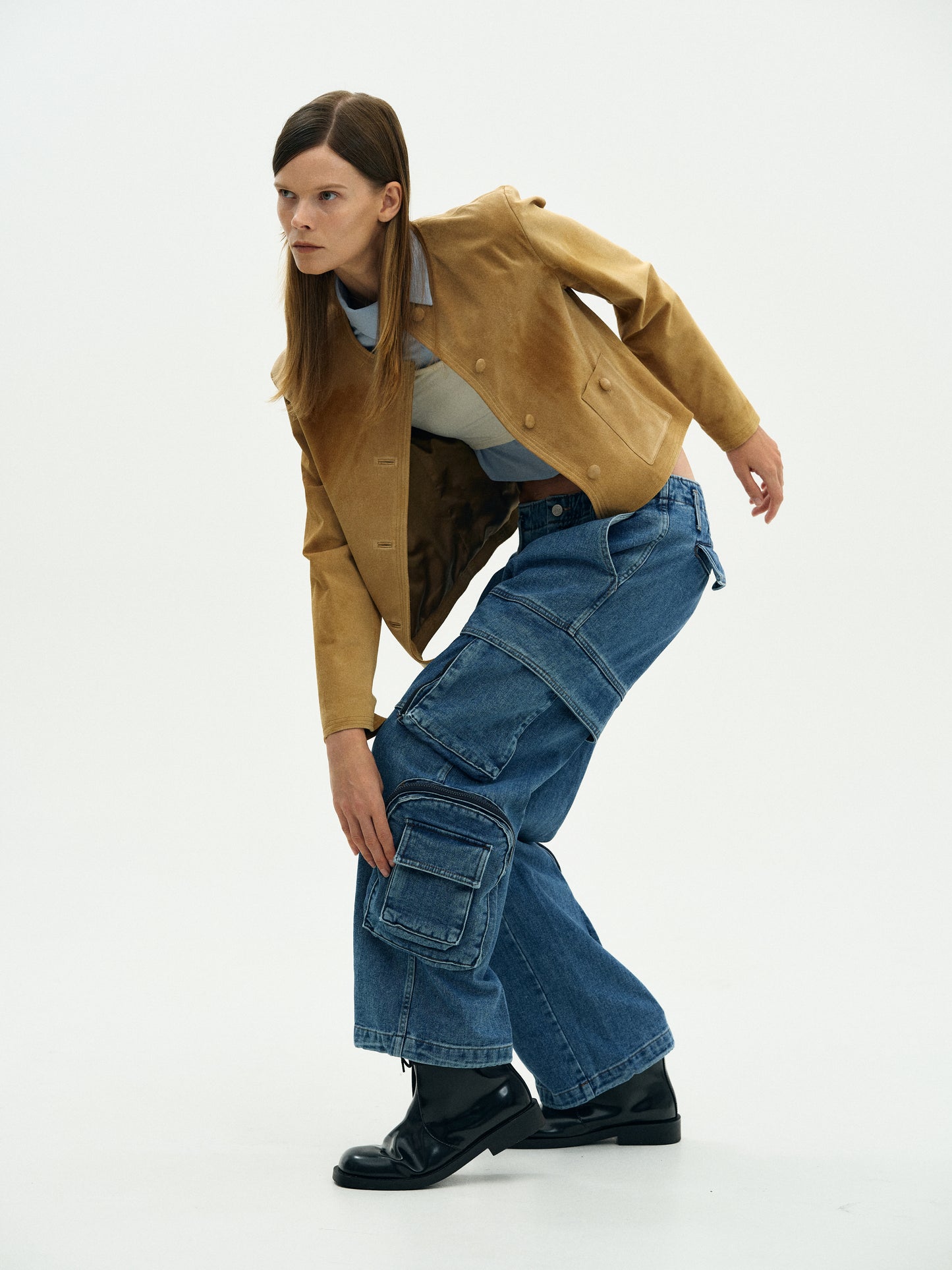Utility Cargo Denim Pants, Medium Wash