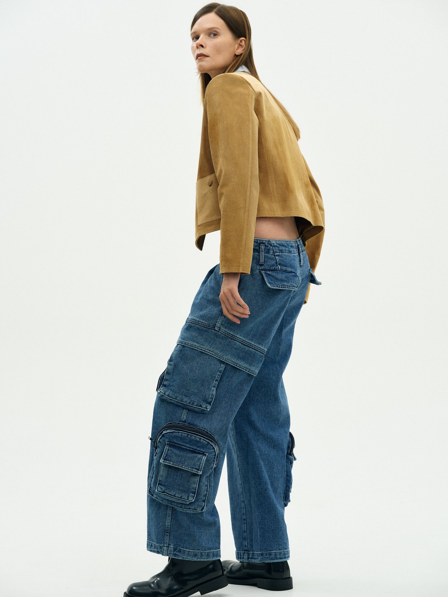 Utility Cargo Denim Pants, Medium Wash
