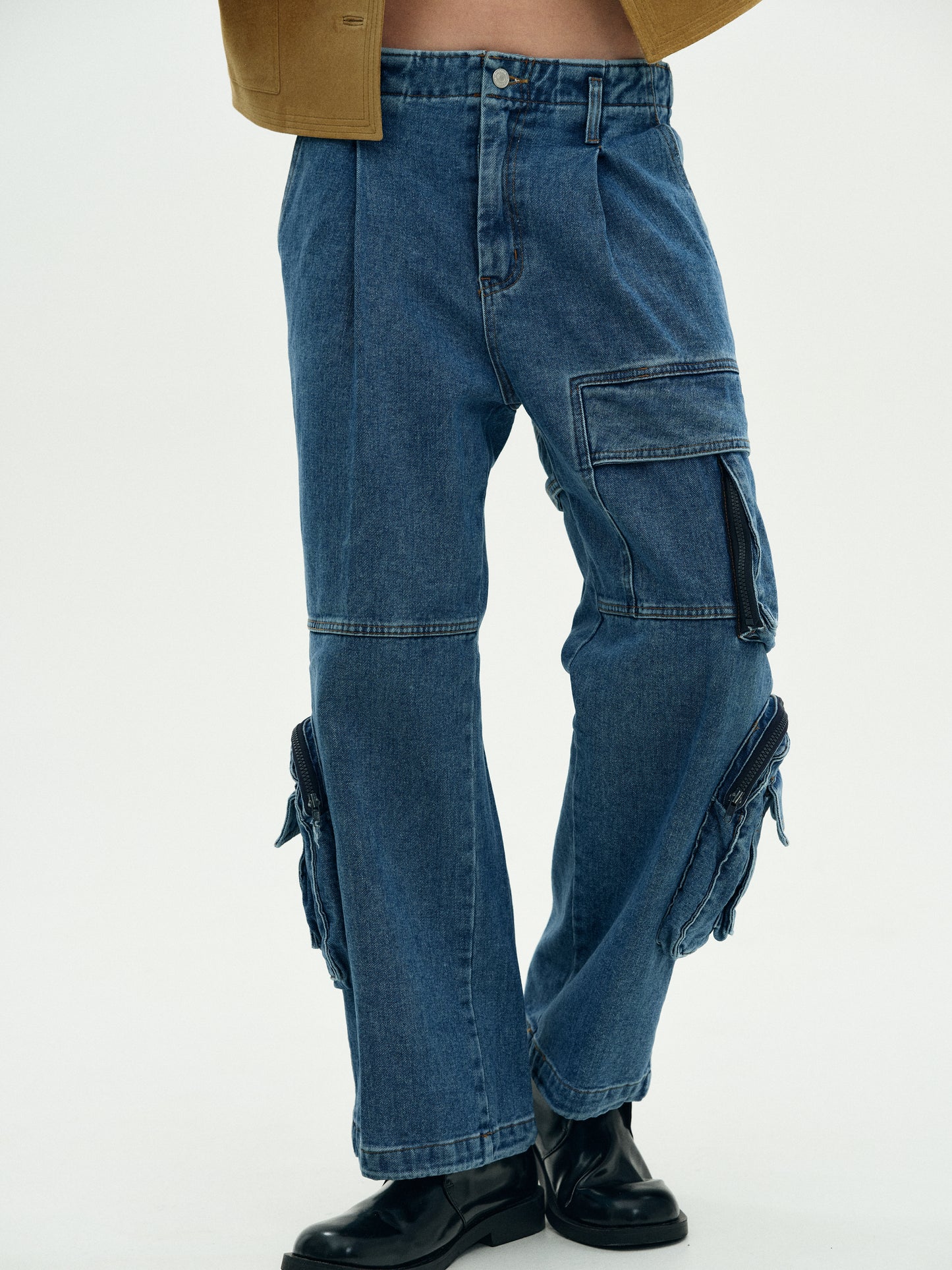 Utility Cargo Denim Pants, Medium Wash