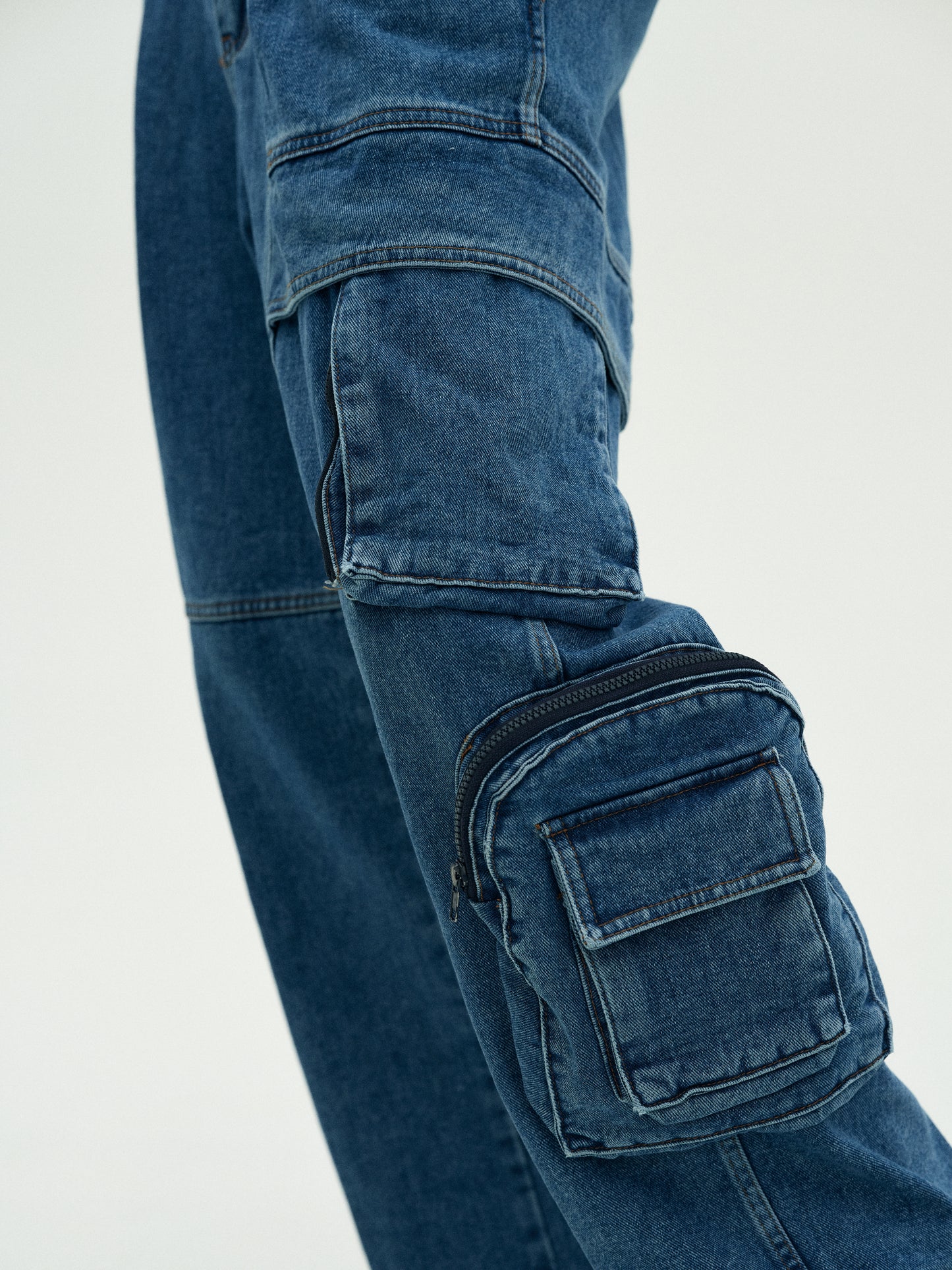 Utility Cargo Denim Pants, Medium Wash