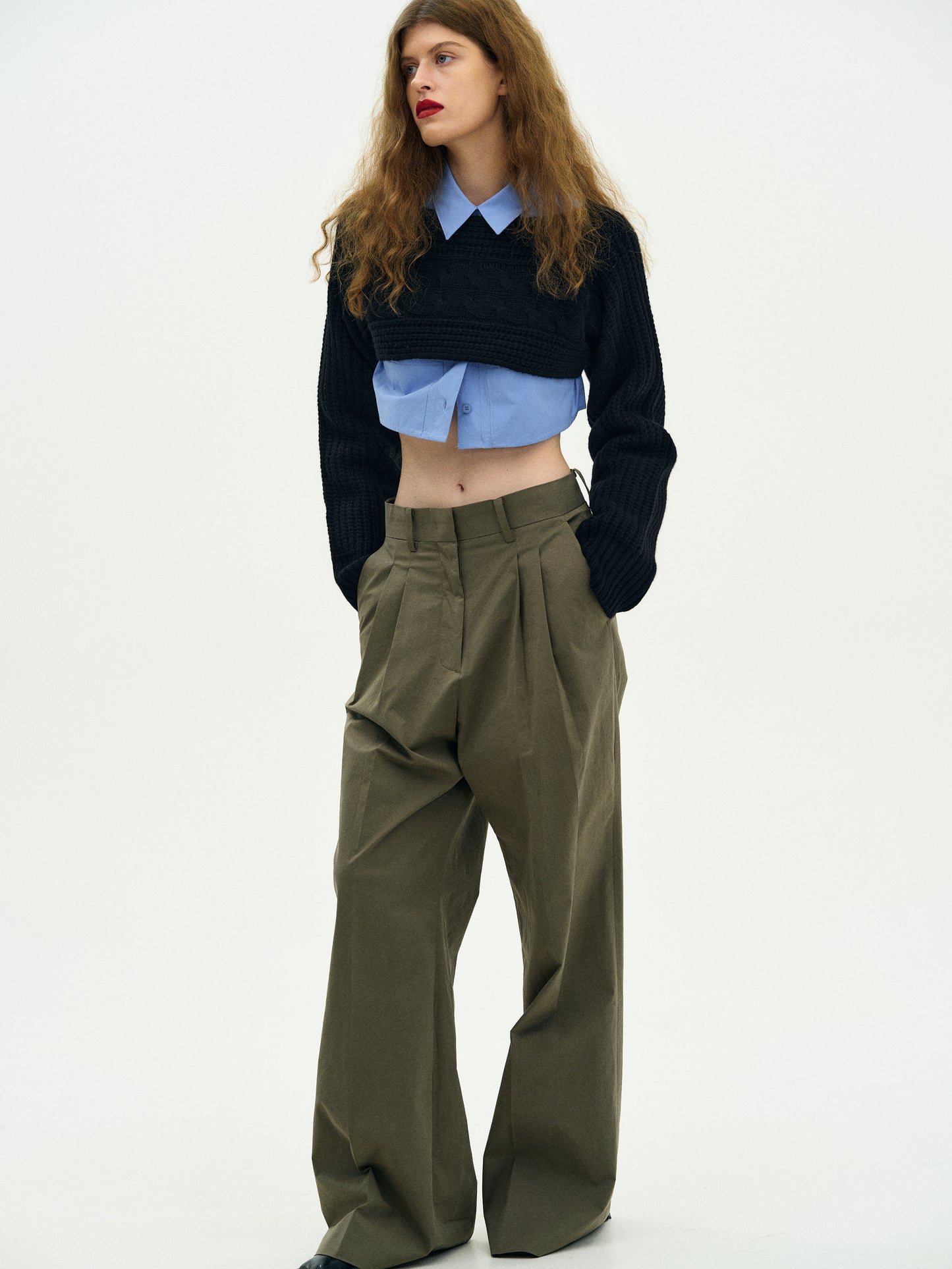 Double Pintuck Trousers, Khaki