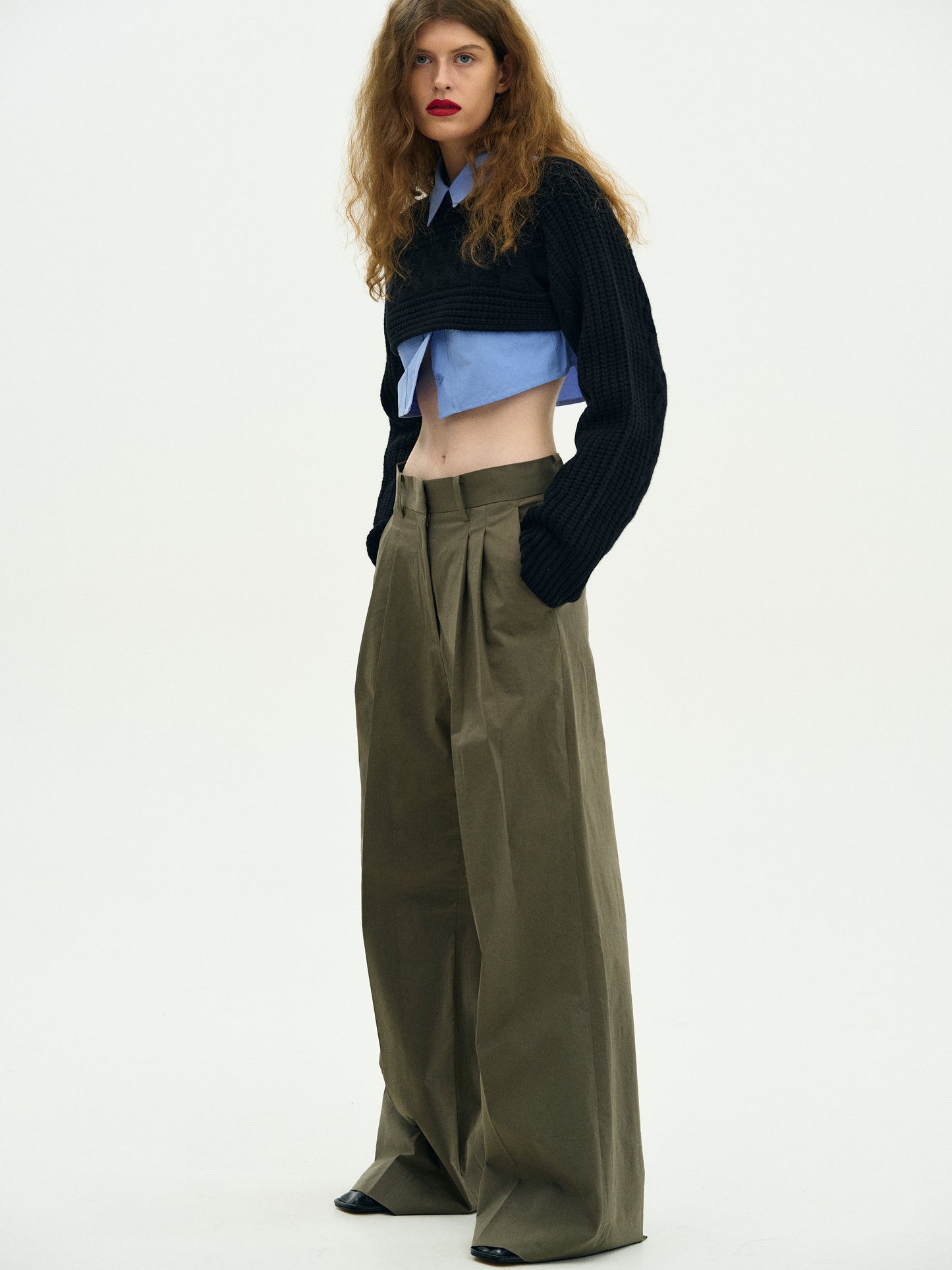 Double Pintuck Trousers, Khaki