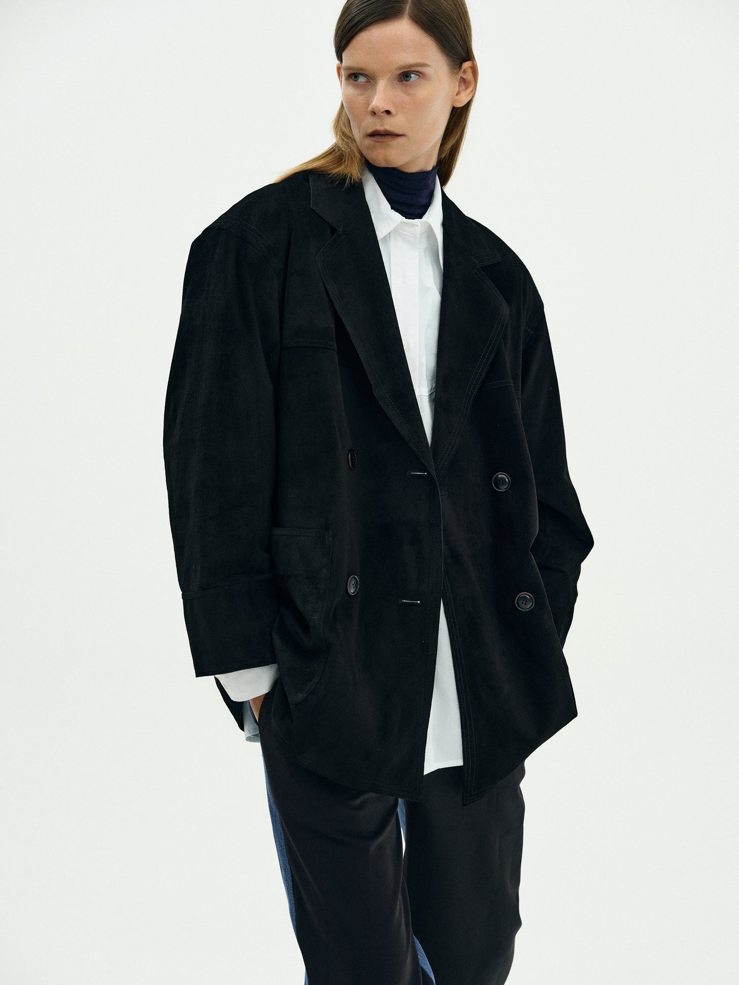Double Breasted Suede Jacket, Black