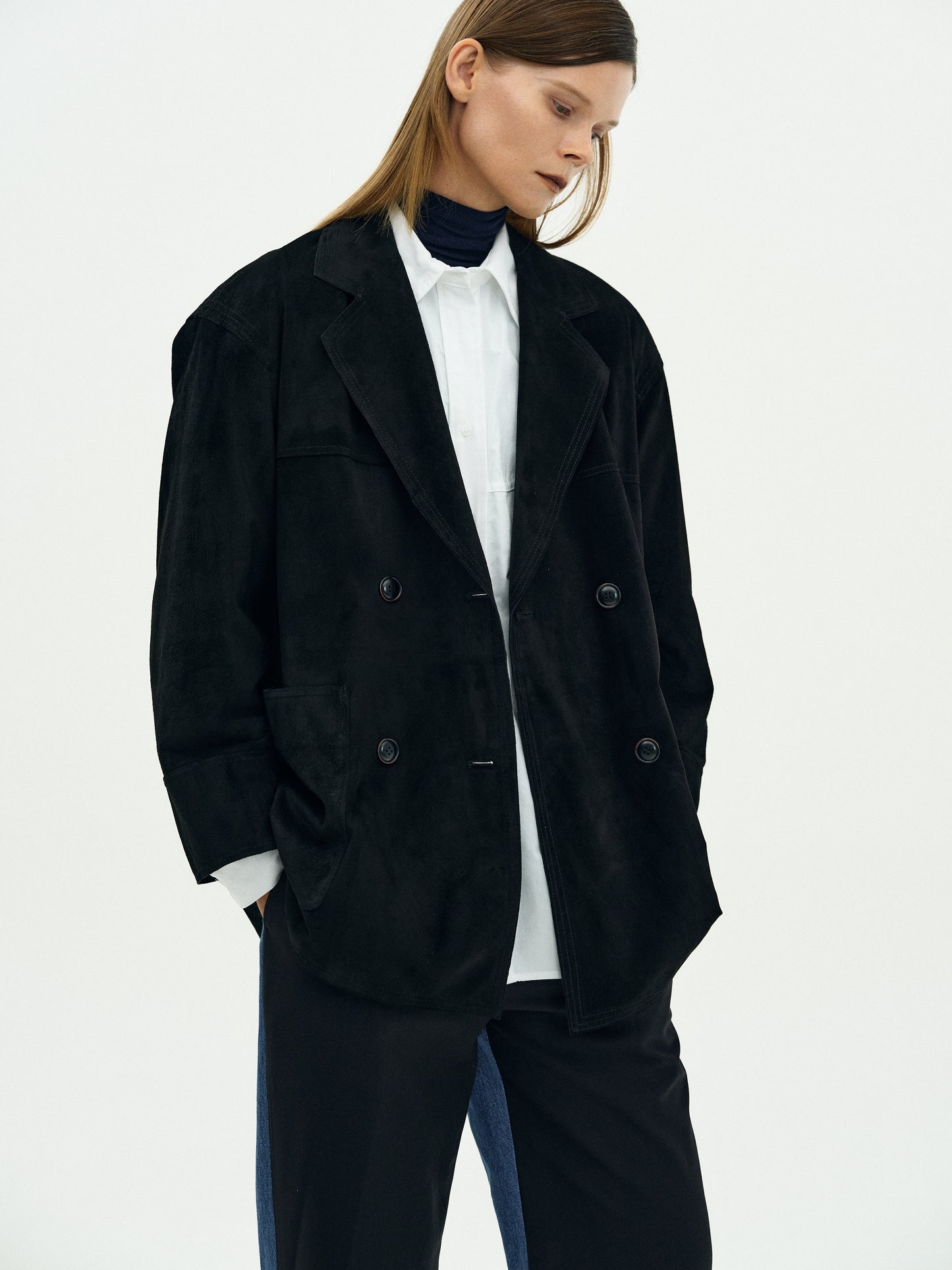 Double Breasted Suede Jacket, Black