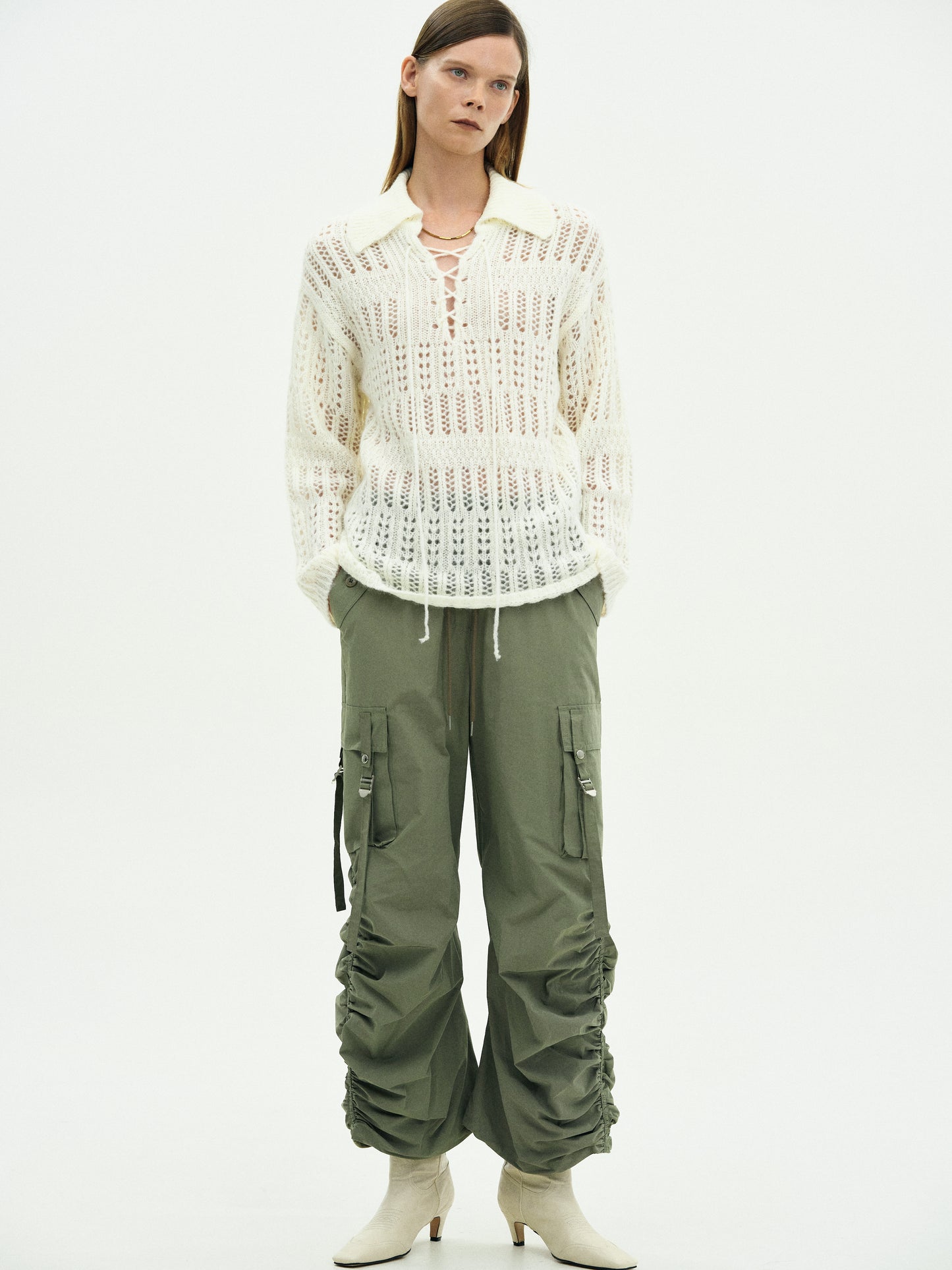 Lace-Up Knit Sweater, Ivory