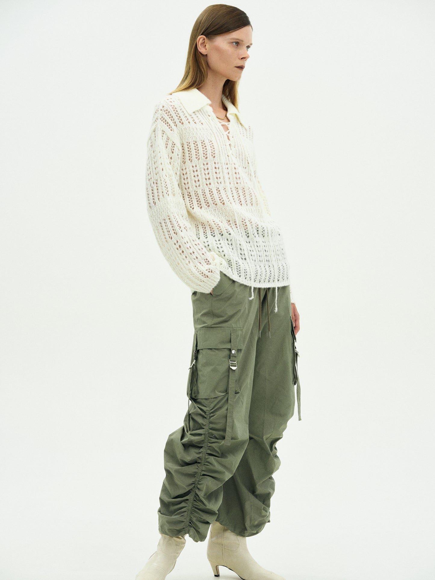 Lace-Up Knit Sweater, Ivory