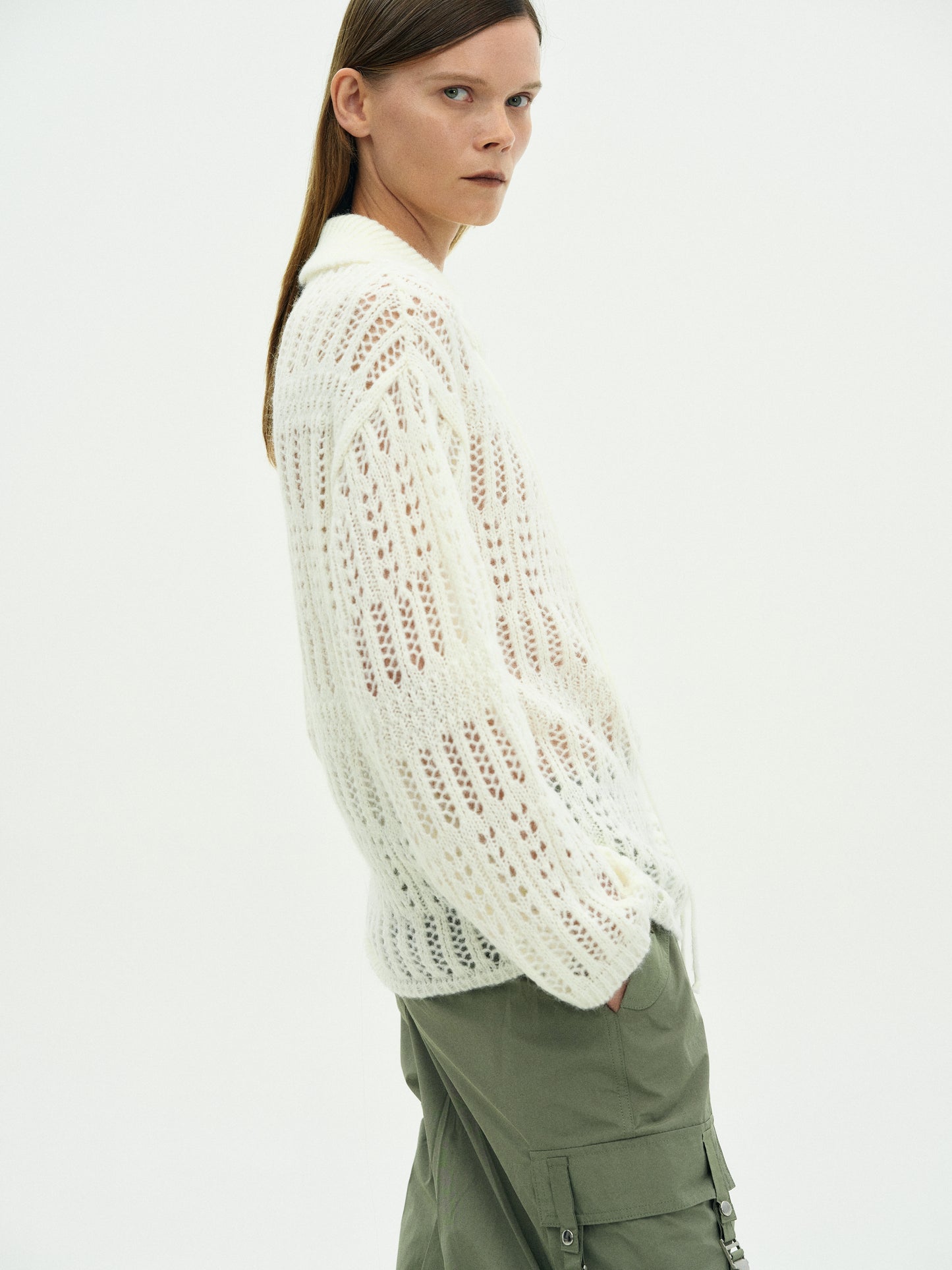 Lace-Up Knit Sweater, Ivory