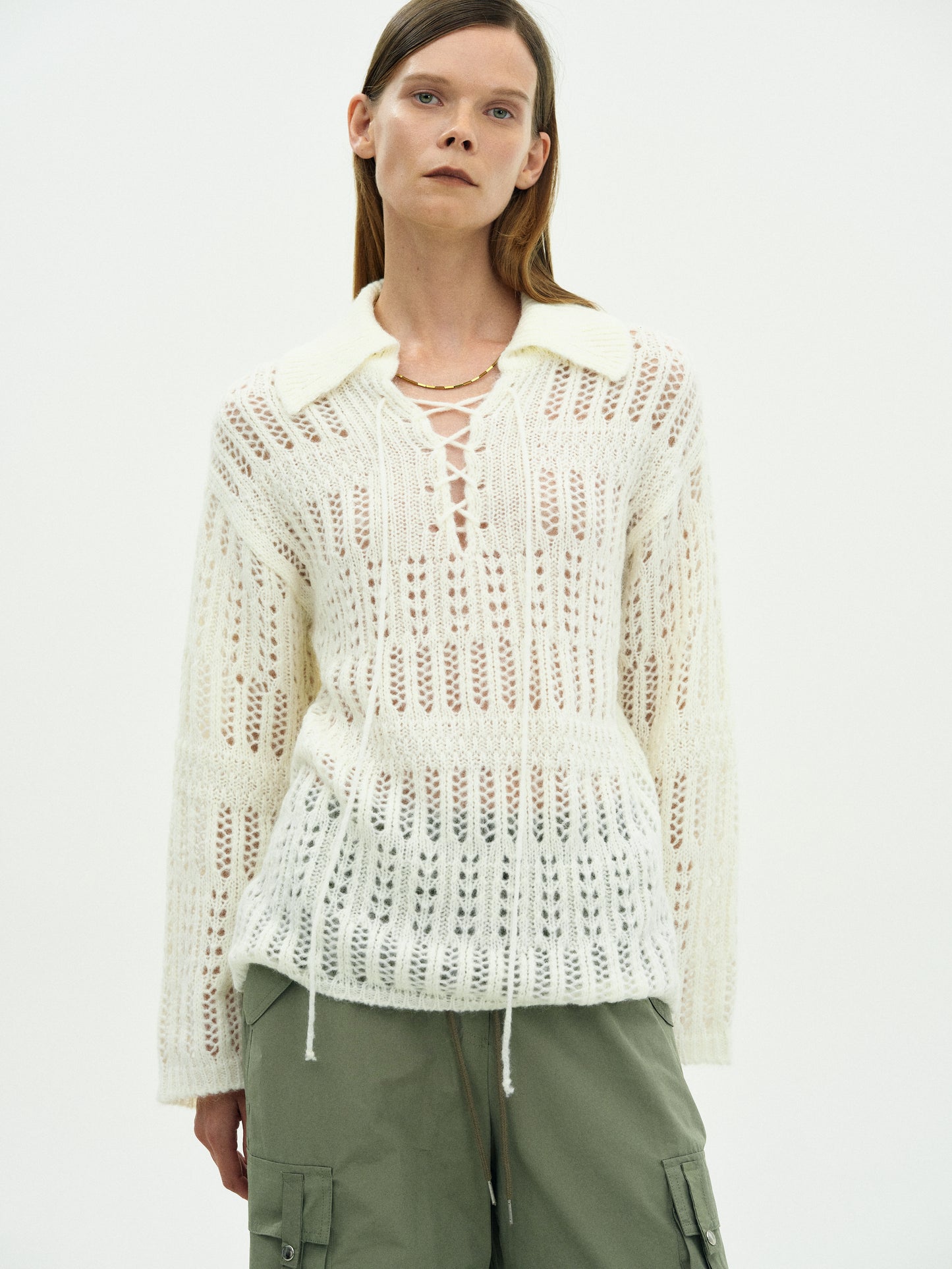 Lace-Up Knit Sweater, Ivory