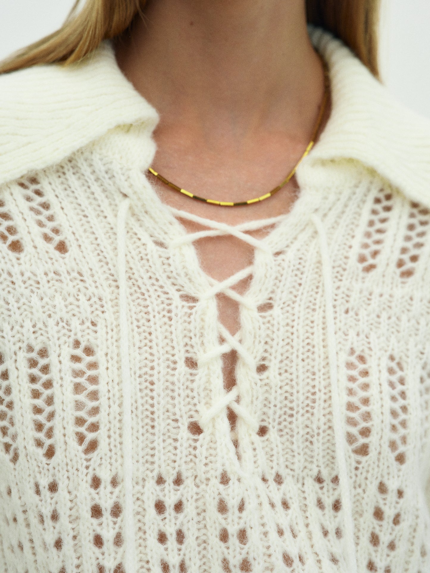 Lace-Up Knit Sweater, Ivory