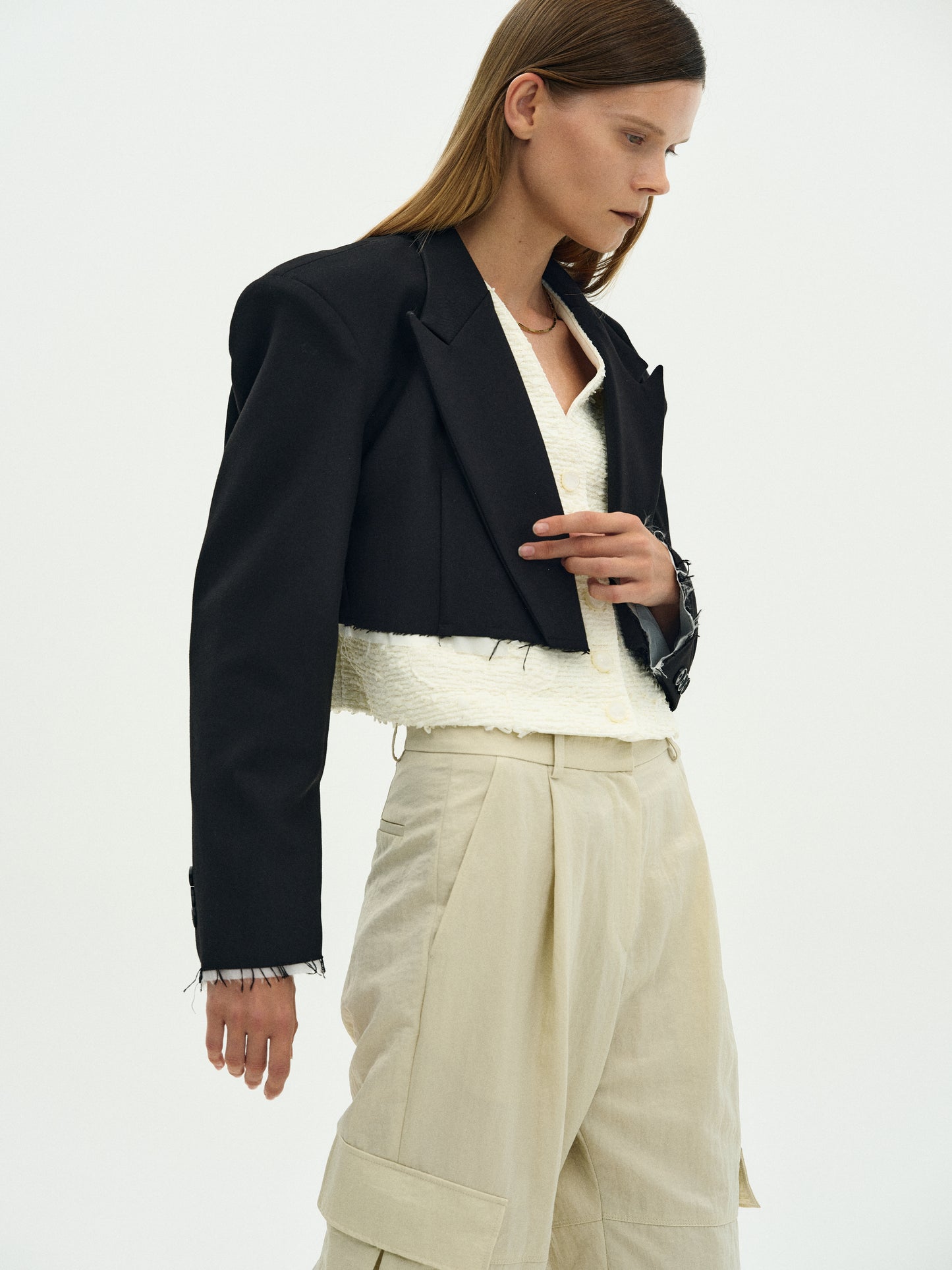 Frayed Open Blazer, Black