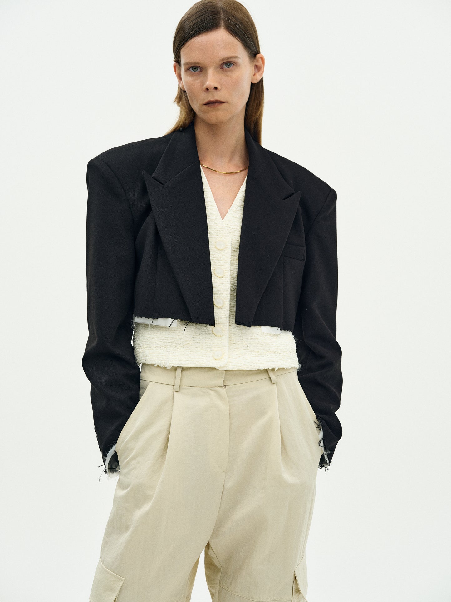 Frayed Open Blazer, Black