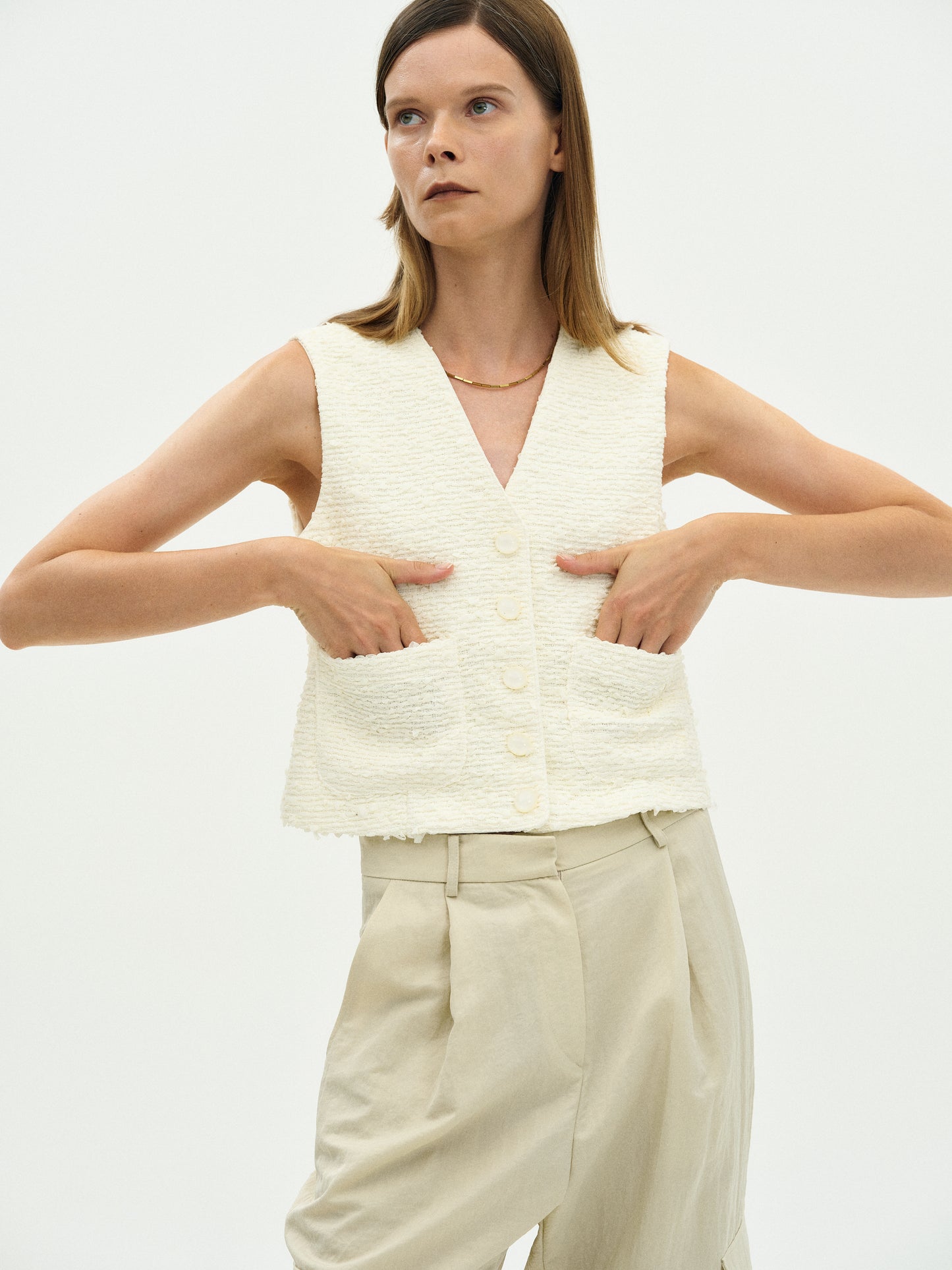 Tweed Button Vest, Vanilla