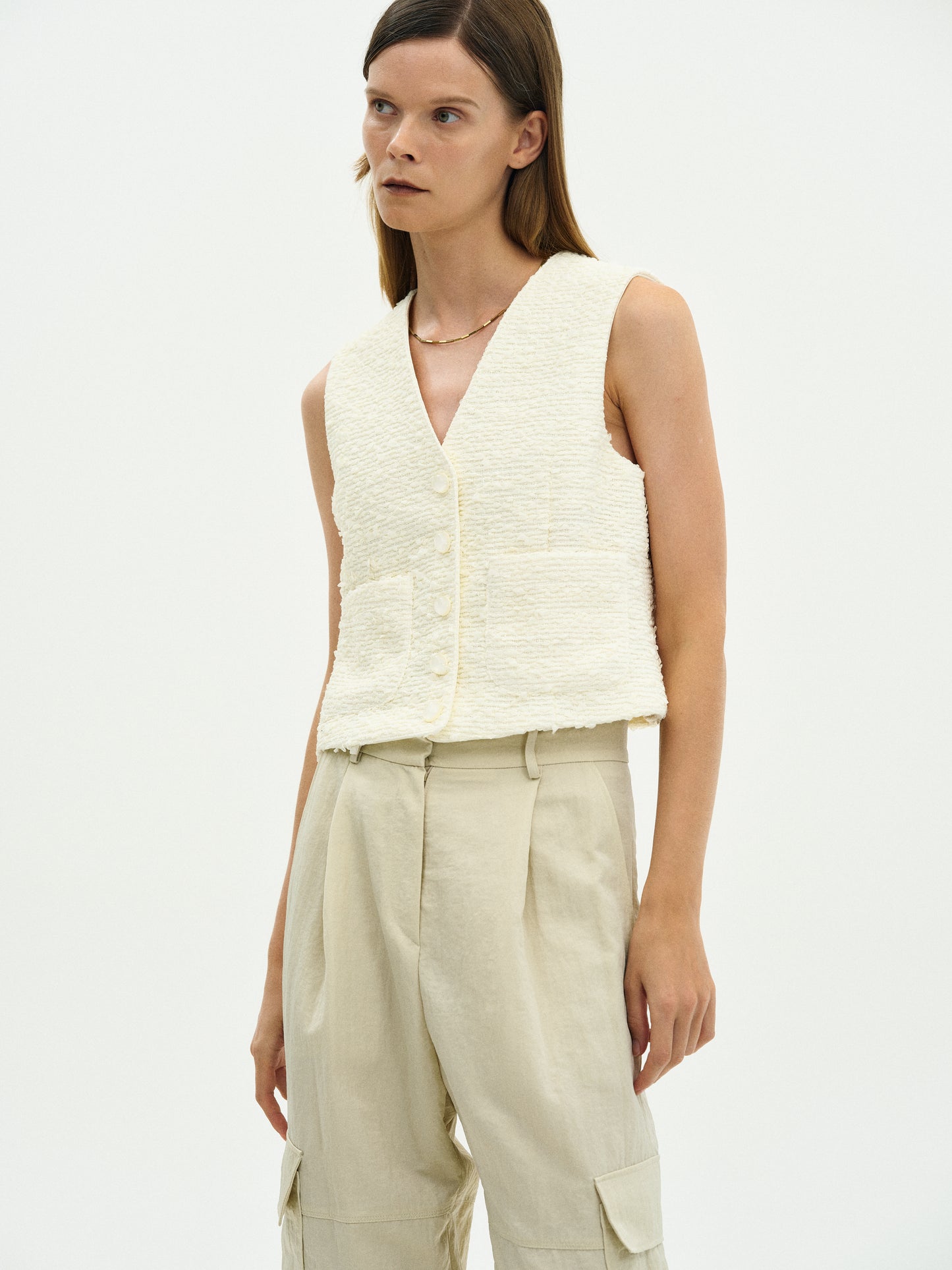 Tweed Button Vest, Vanilla