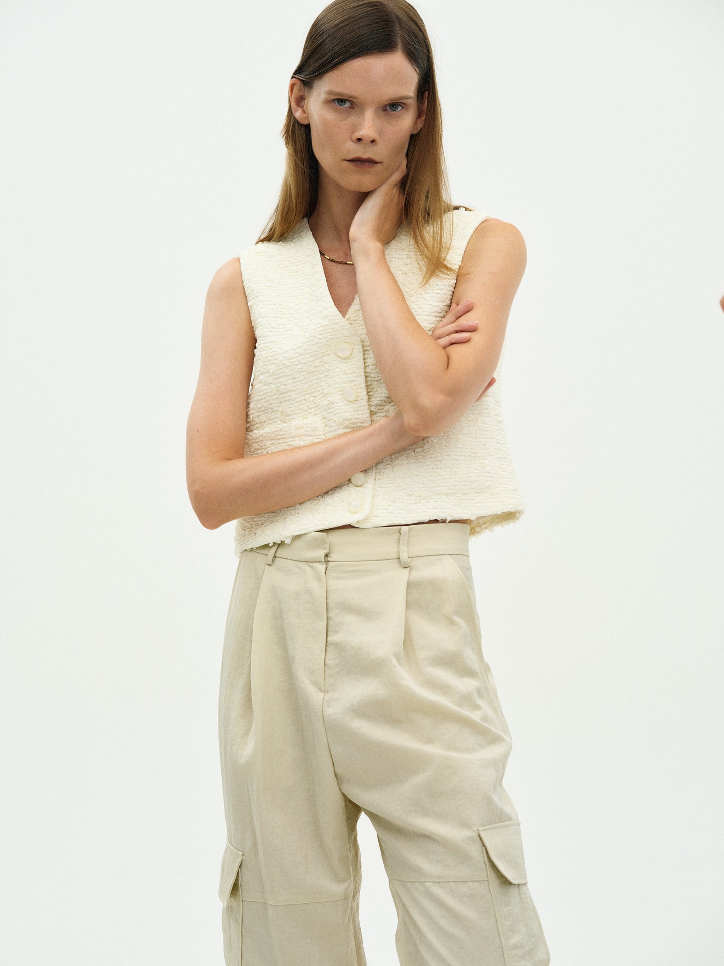 Tweed Button Vest, Vanilla