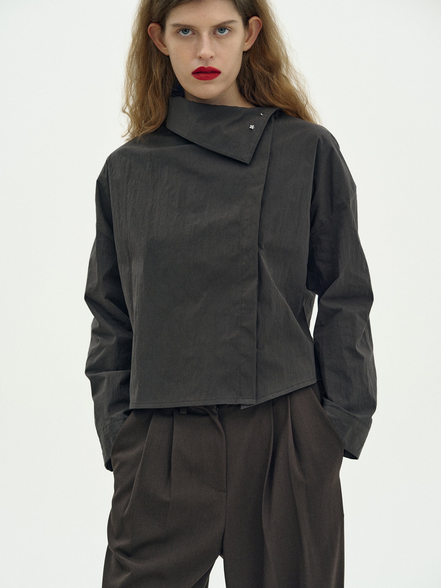 High Neck Cotton Blouse, Dark Grey