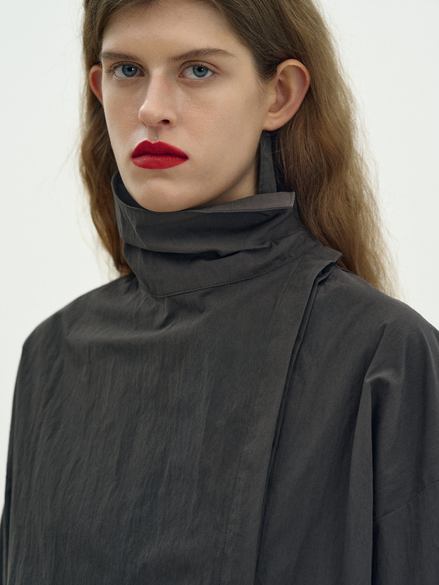 High Neck Cotton Blouse, Dark Grey