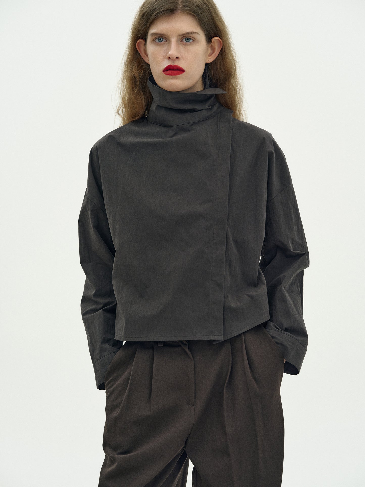 High Neck Cotton Blouse, Dark Grey