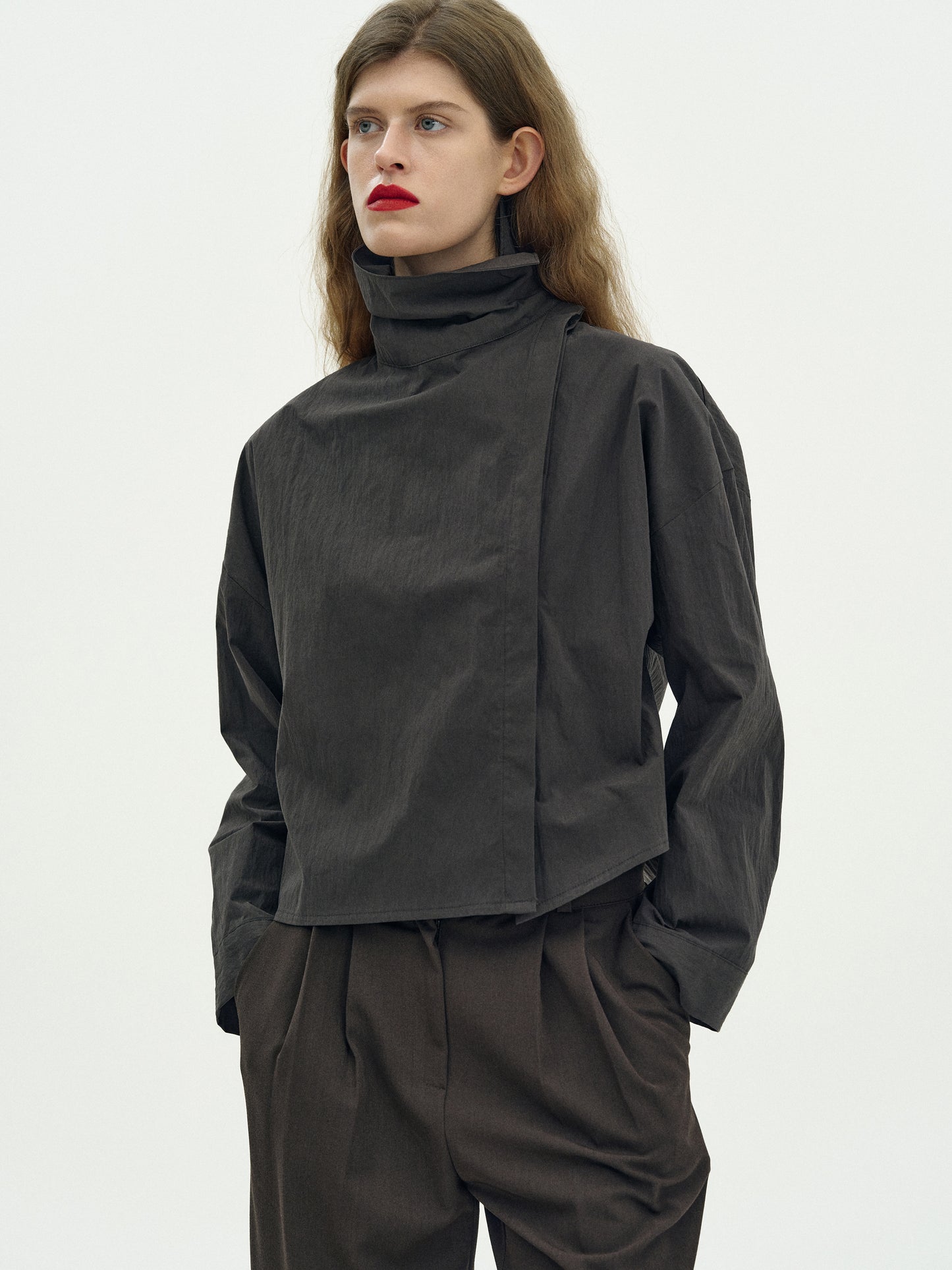High Neck Cotton Blouse, Dark Grey