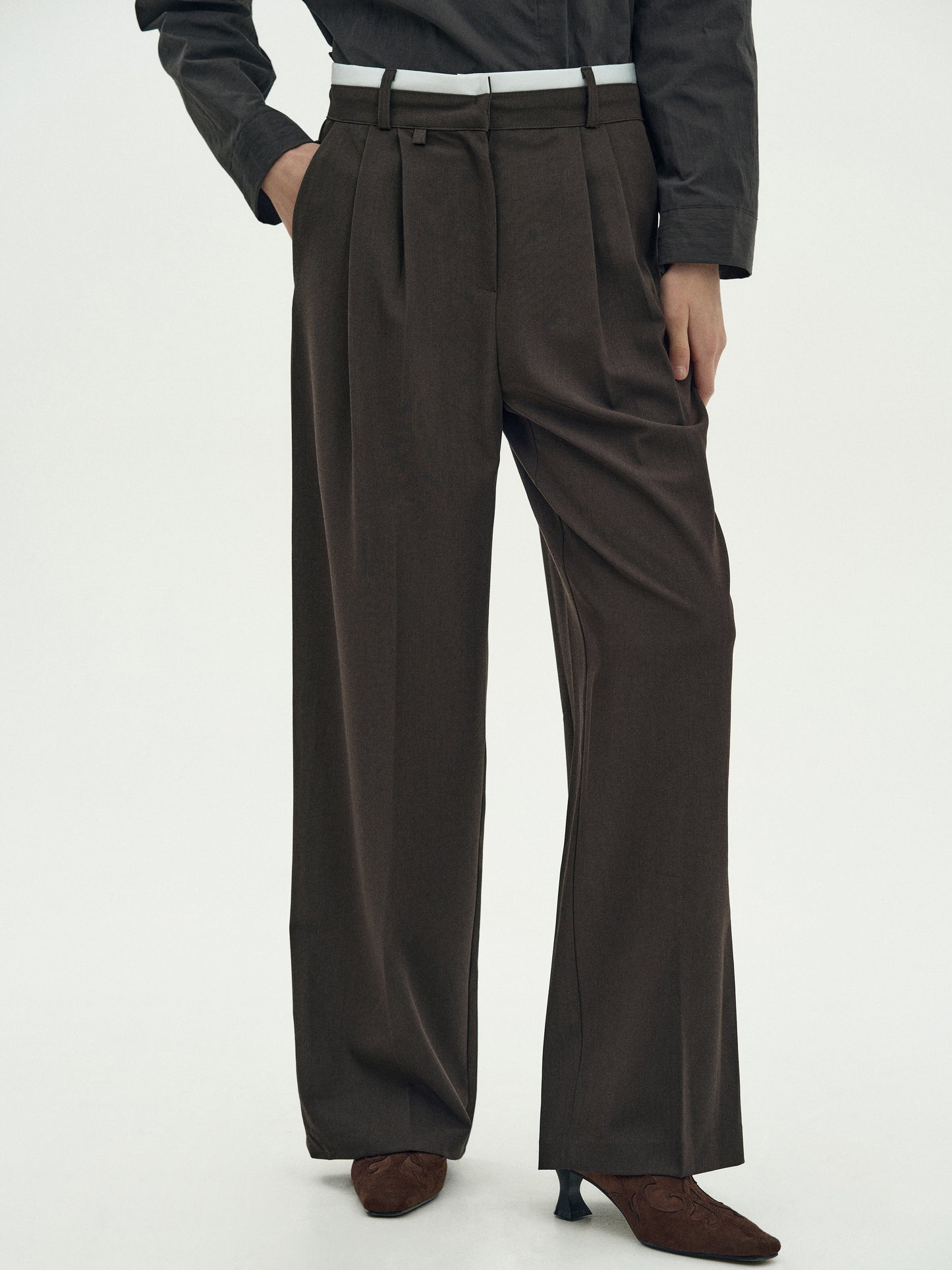 Contrast Waistband Trousers, Brown