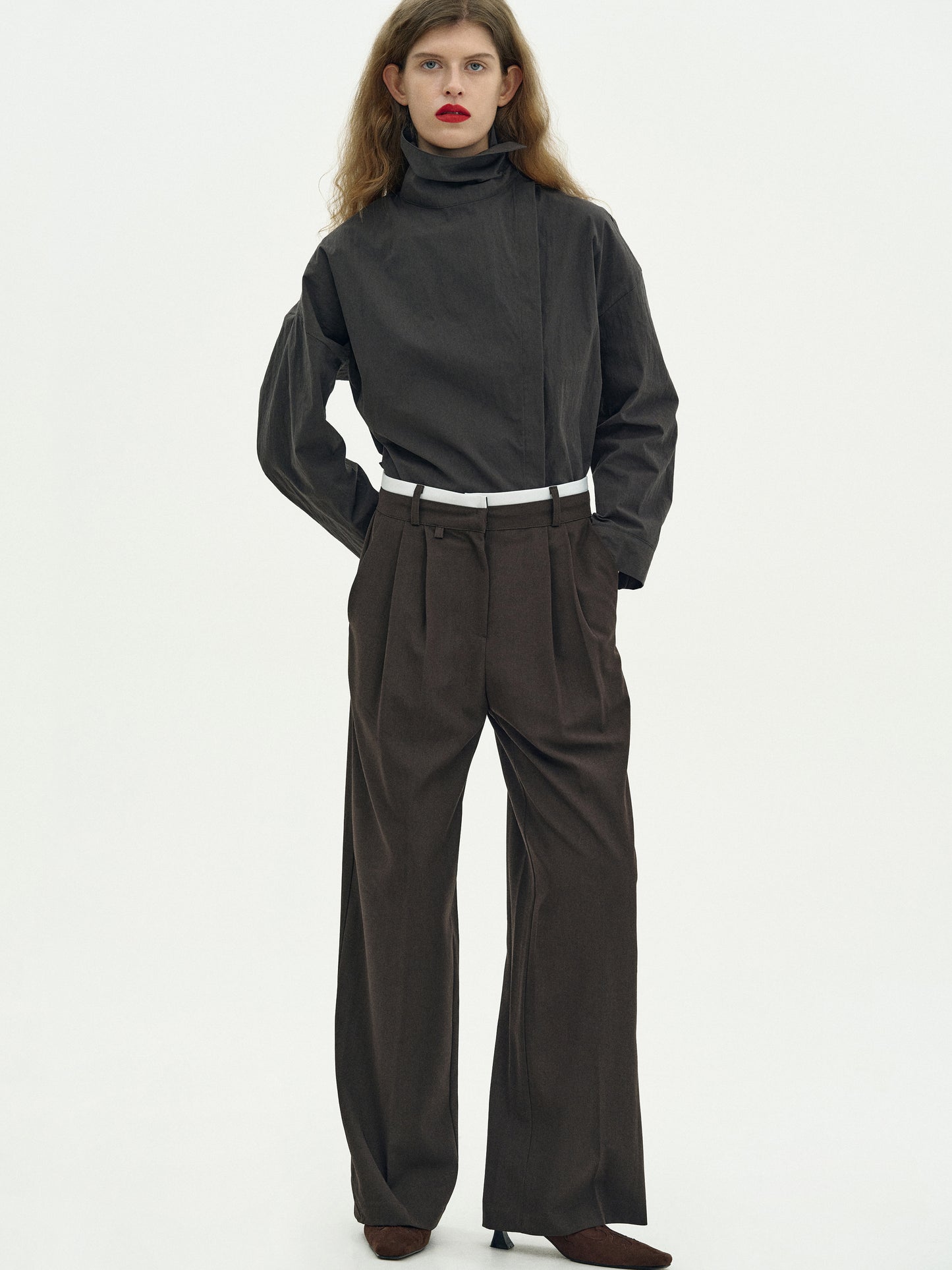 Contrast Waistband Trousers, Brown