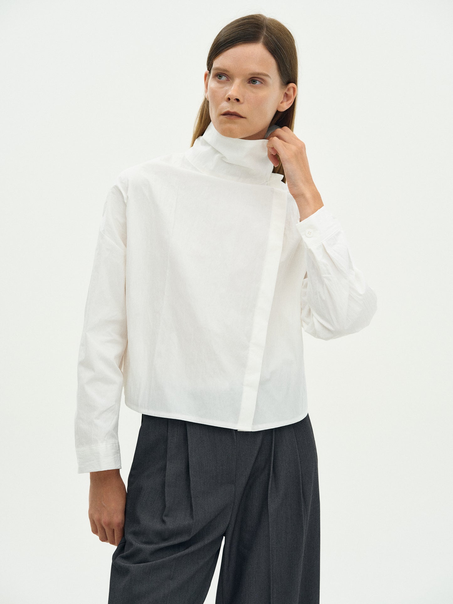 High Neck Cotton Blouse, White