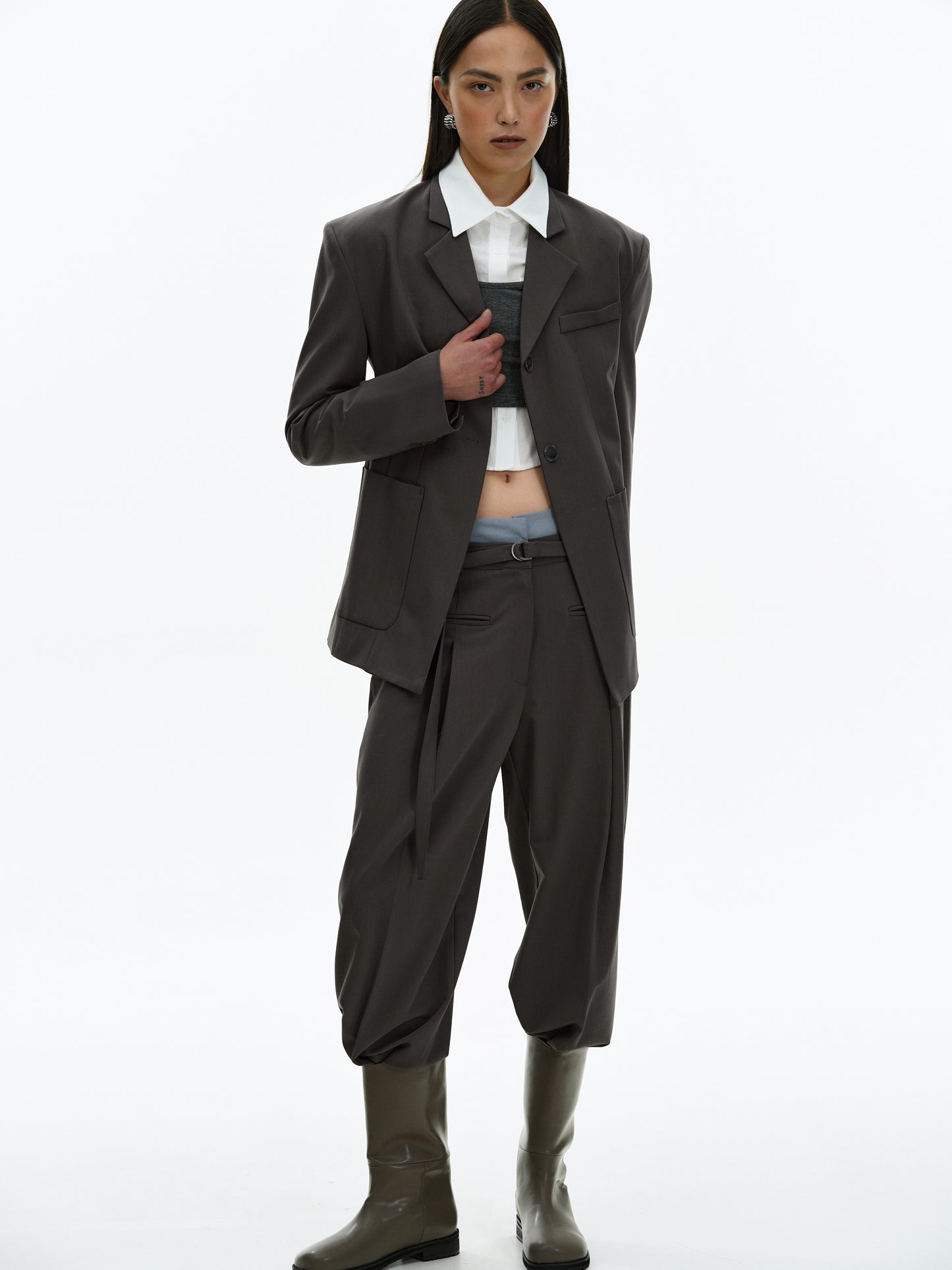 Cinched Waist Blazer, Dark Grey