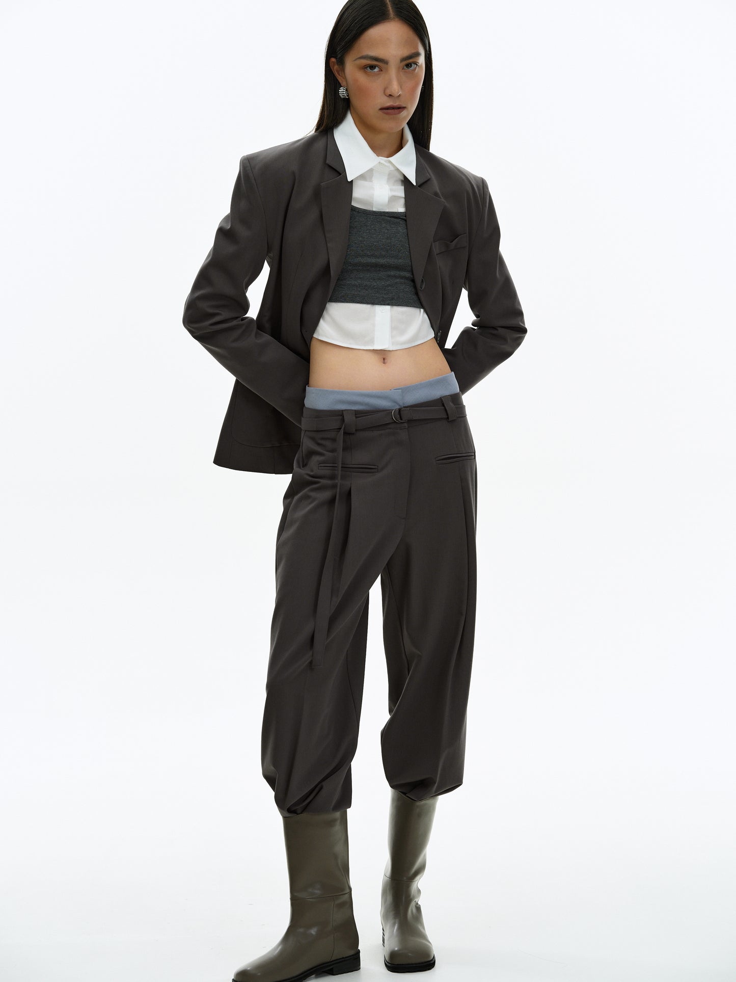 Double Waistband Trousers, Dark Grey