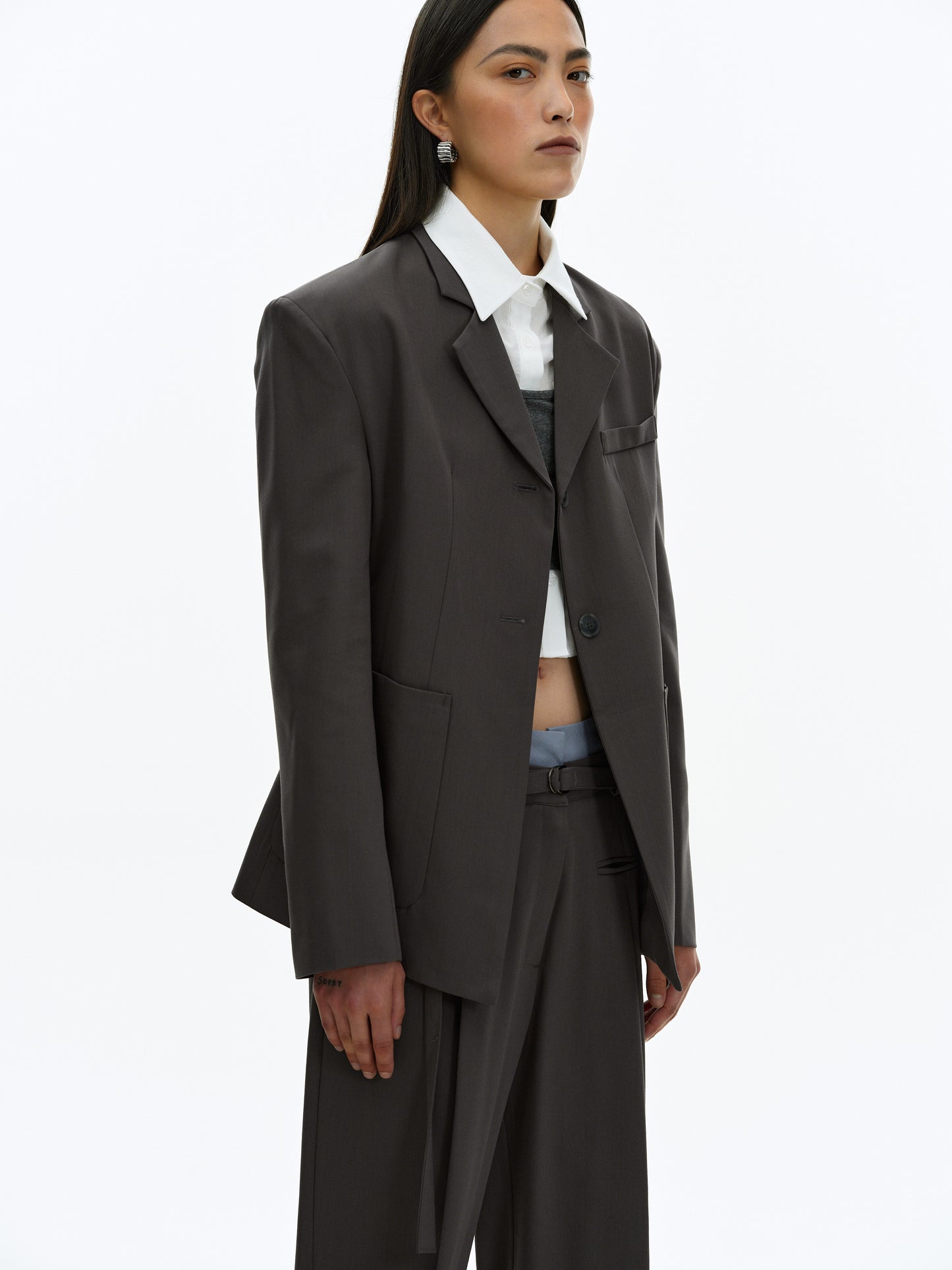 Cinched Waist Blazer, Dark Grey