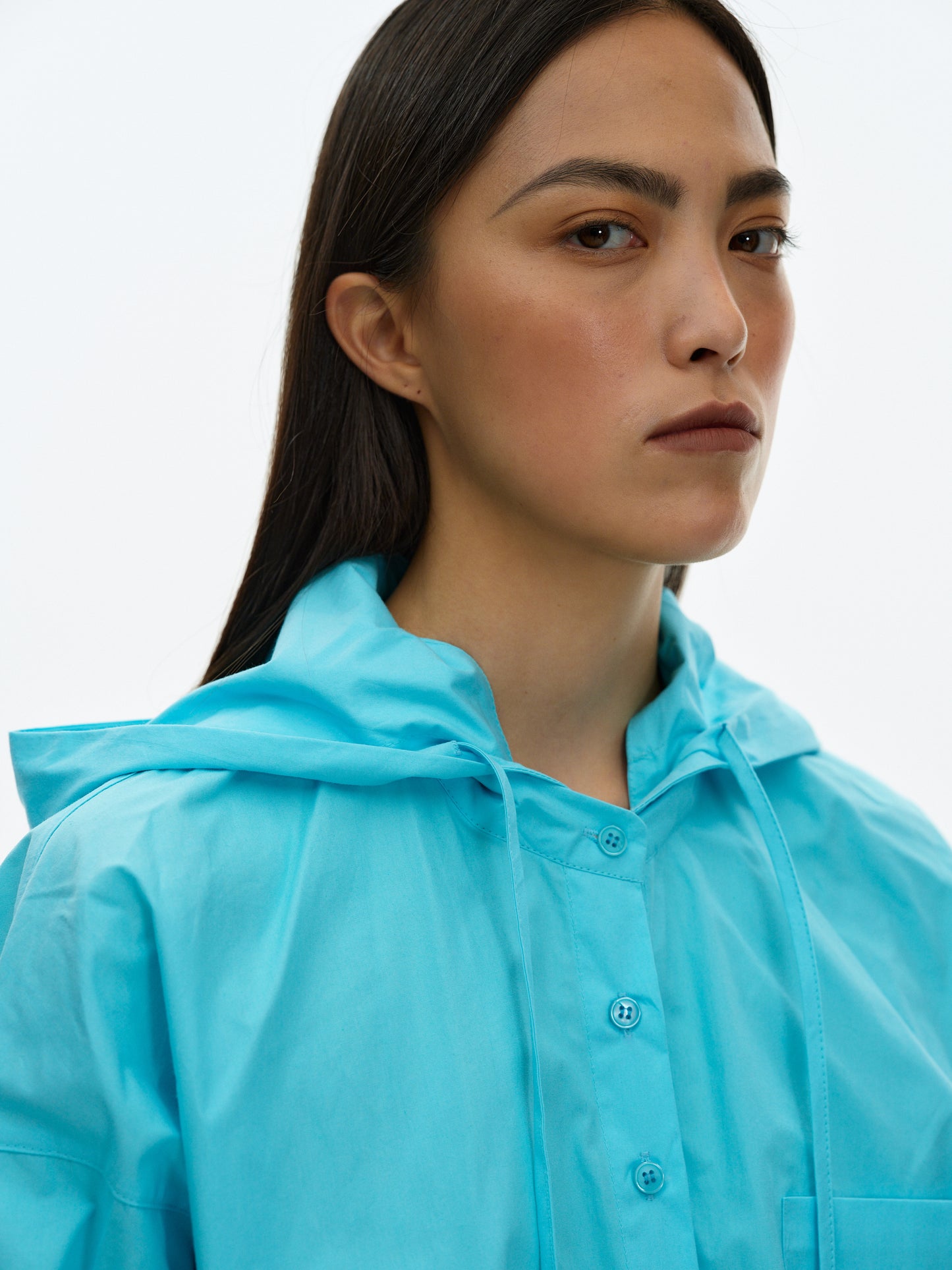 Hooded Cotton Shirt, Cyan