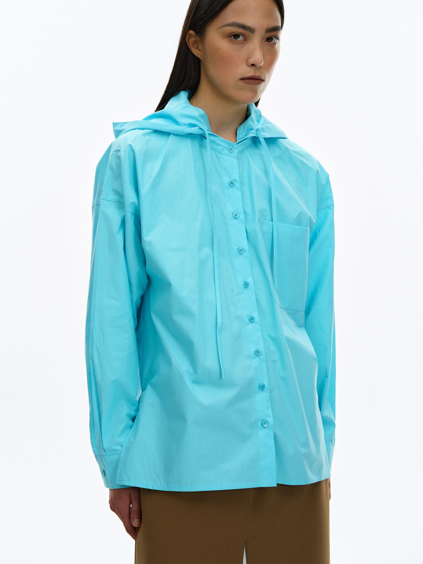 Hooded Cotton Shirt, Cyan