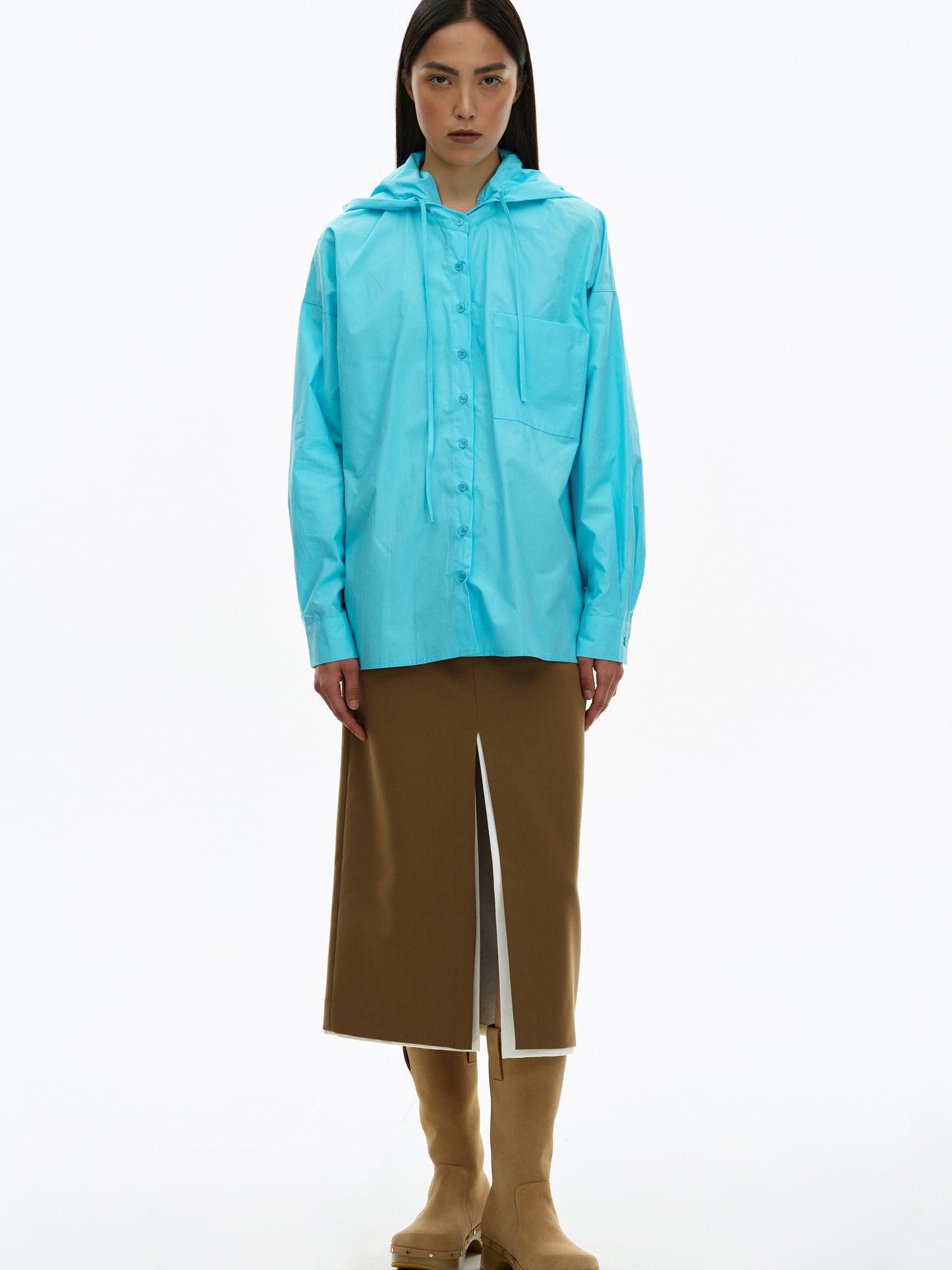 Hooded Cotton Shirt, Cyan