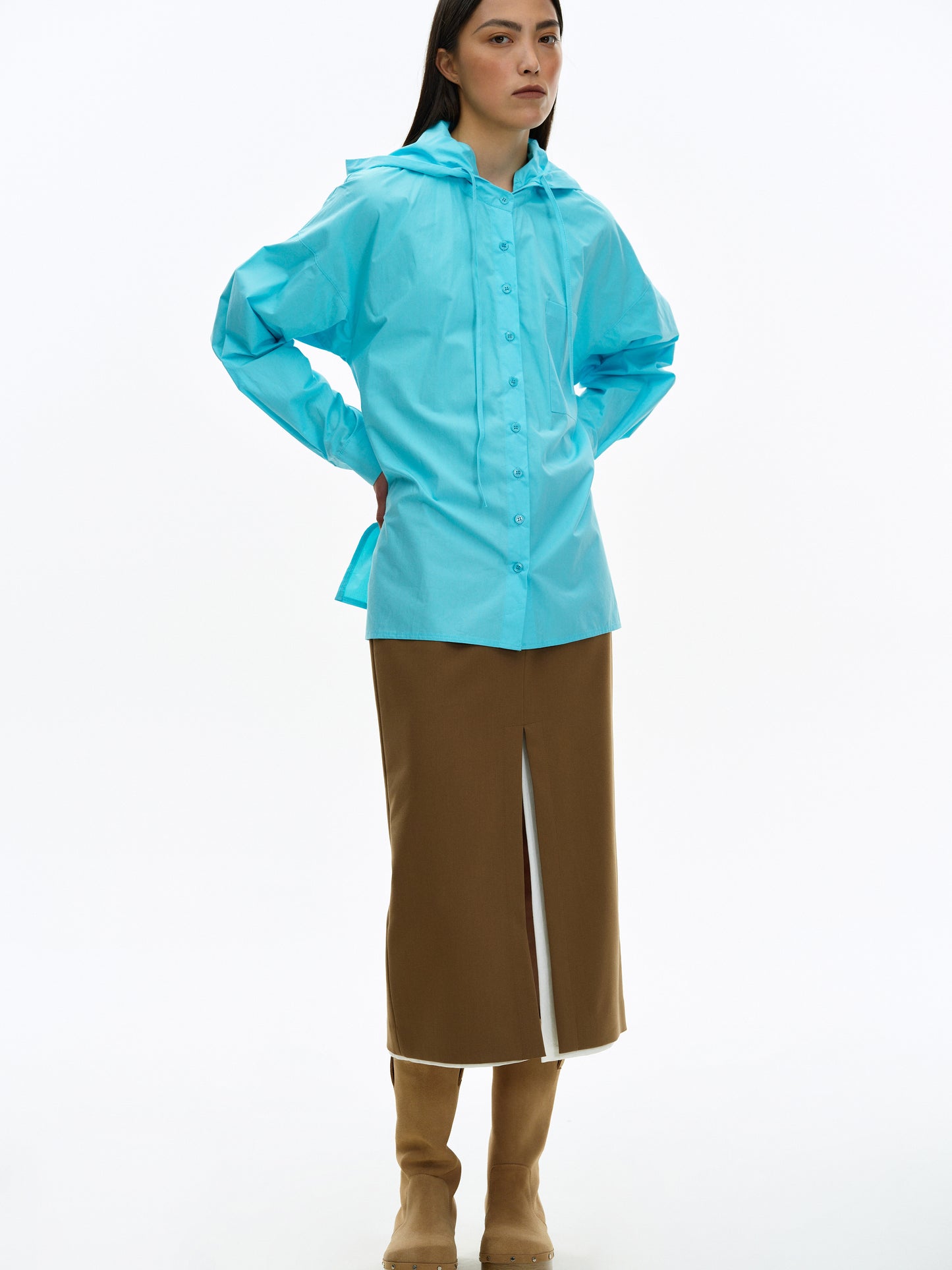 Hooded Cotton Shirt, Cyan