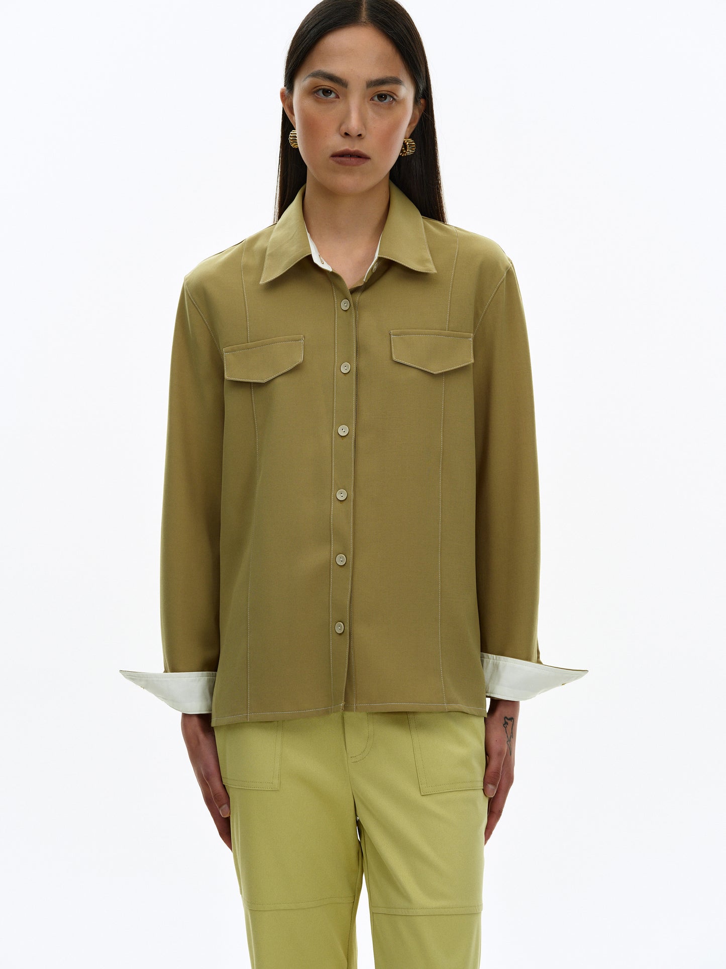 Contrast Collar Shirt, Hedge Green