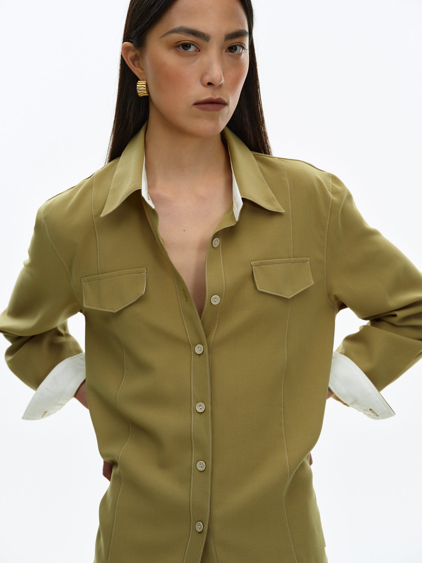 Contrast Collar Shirt, Hedge Green