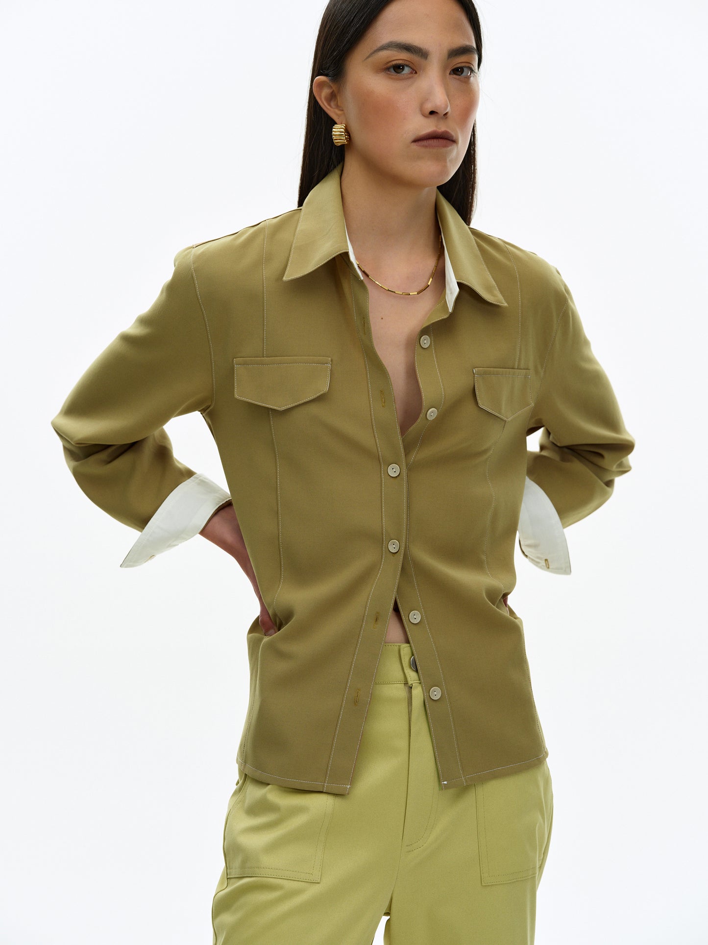 Contrast Collar Shirt, Hedge Green