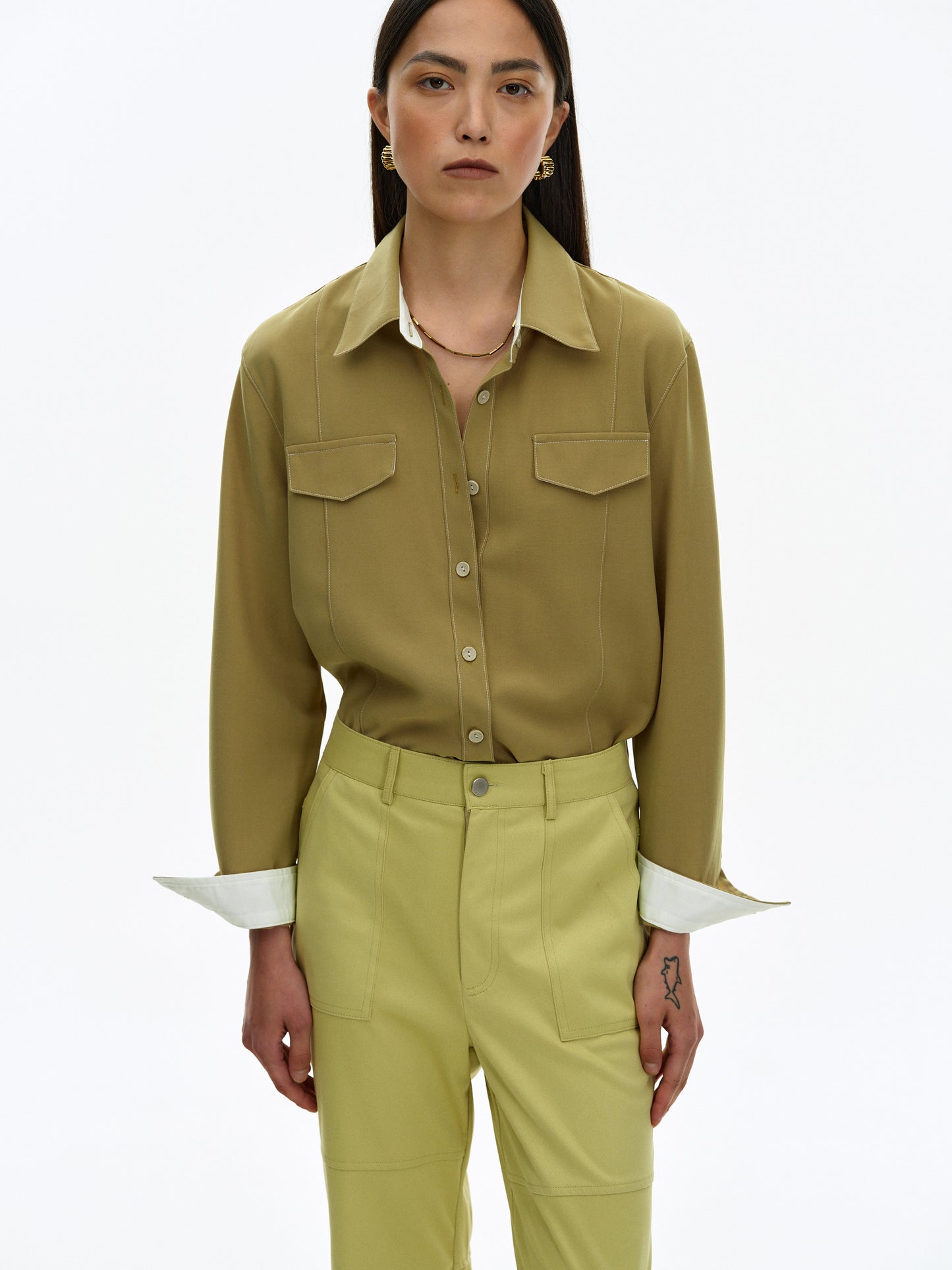 Contrast Collar Shirt, Hedge Green