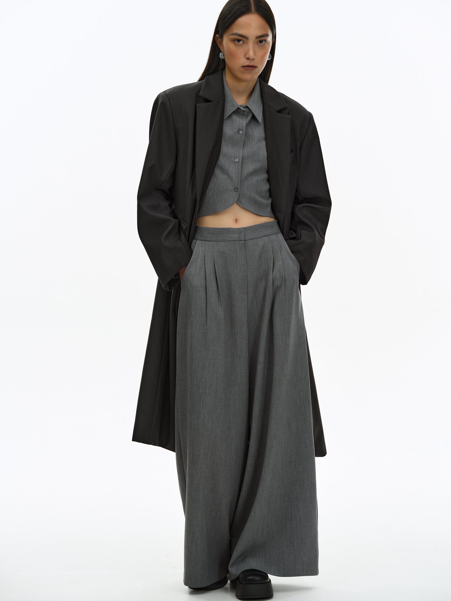 Wide-Leg Suit Trousers, Charcoal