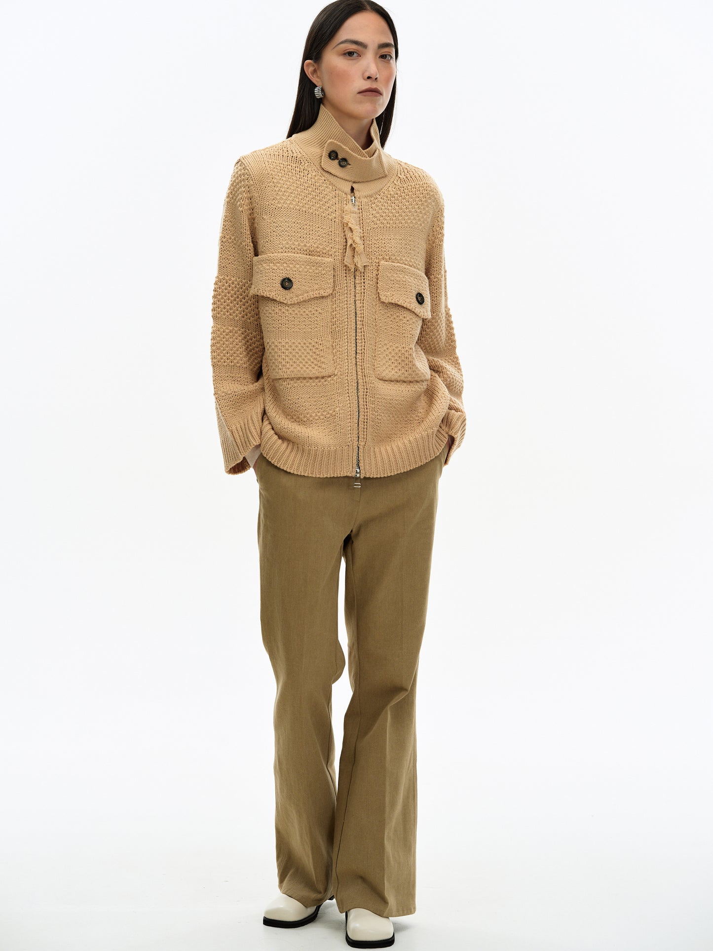 Two-Way Zip Sweater, Camel